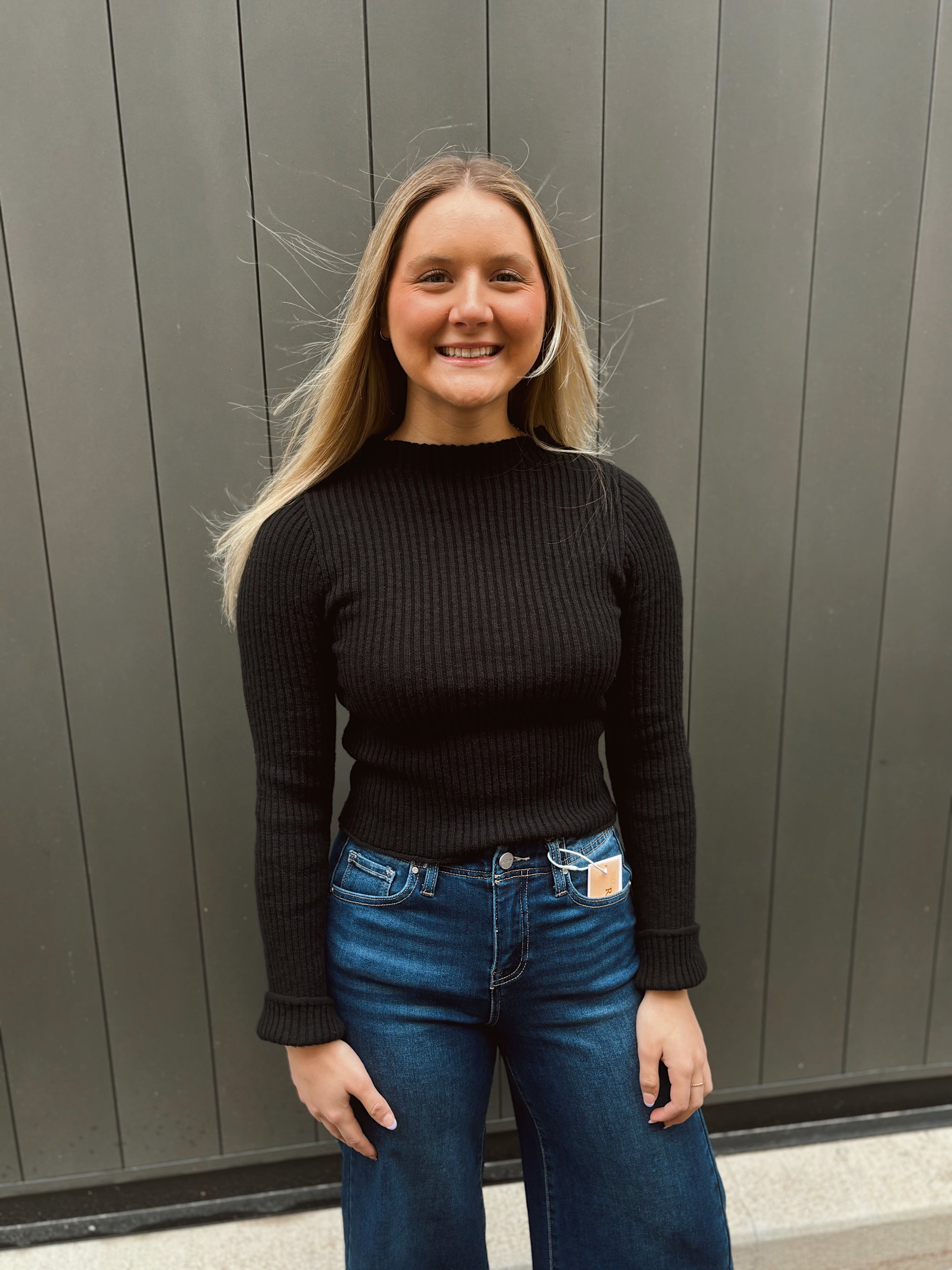 Black Ribbed Mock Neck Knit