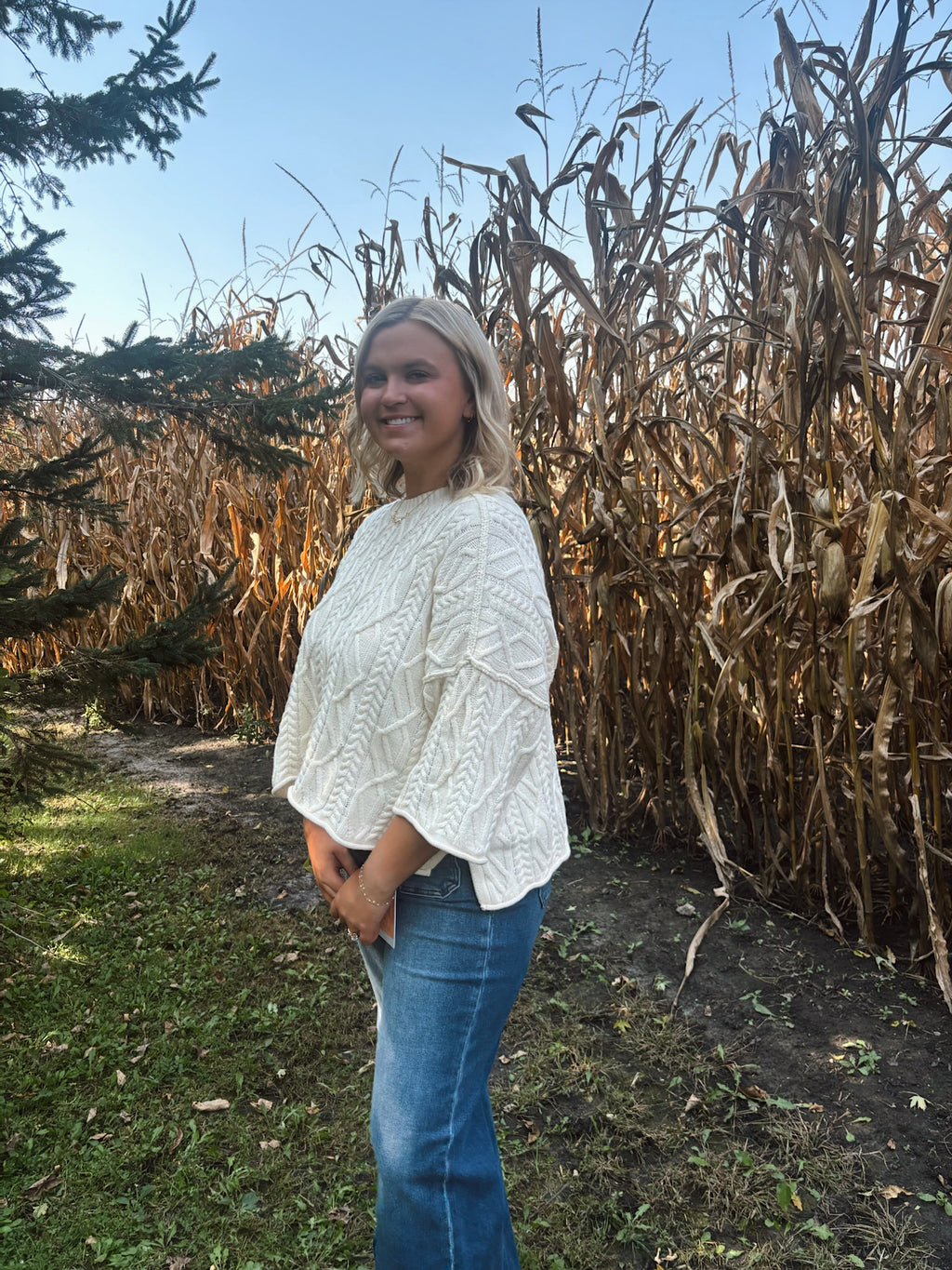 Cream Knit Bell Sleeve Sweater