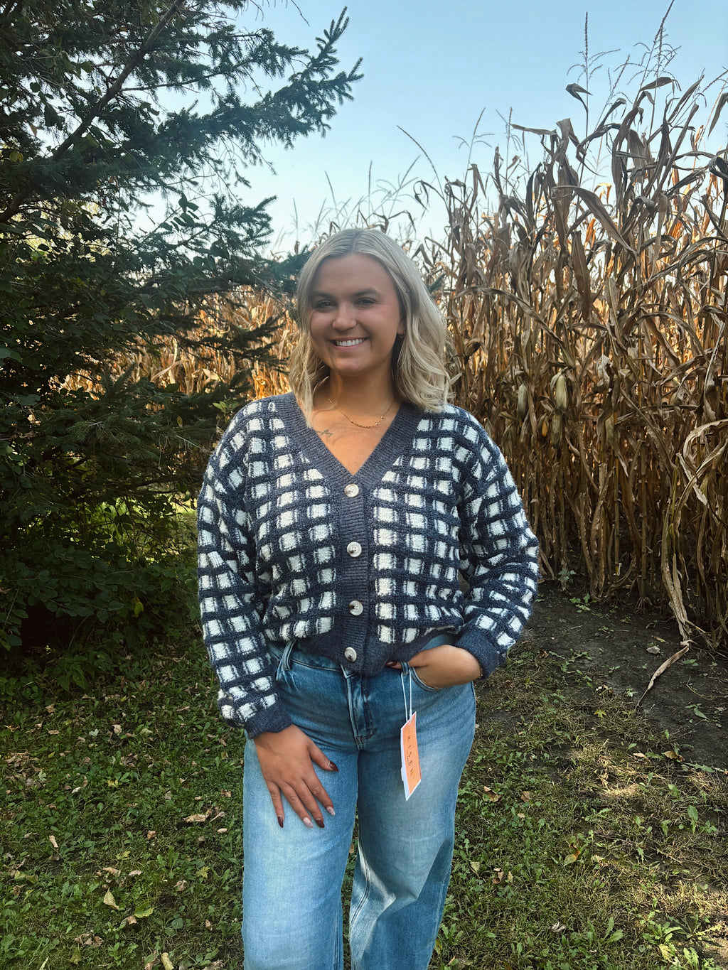 Harbor Checkered Navy Cropped Cardigan