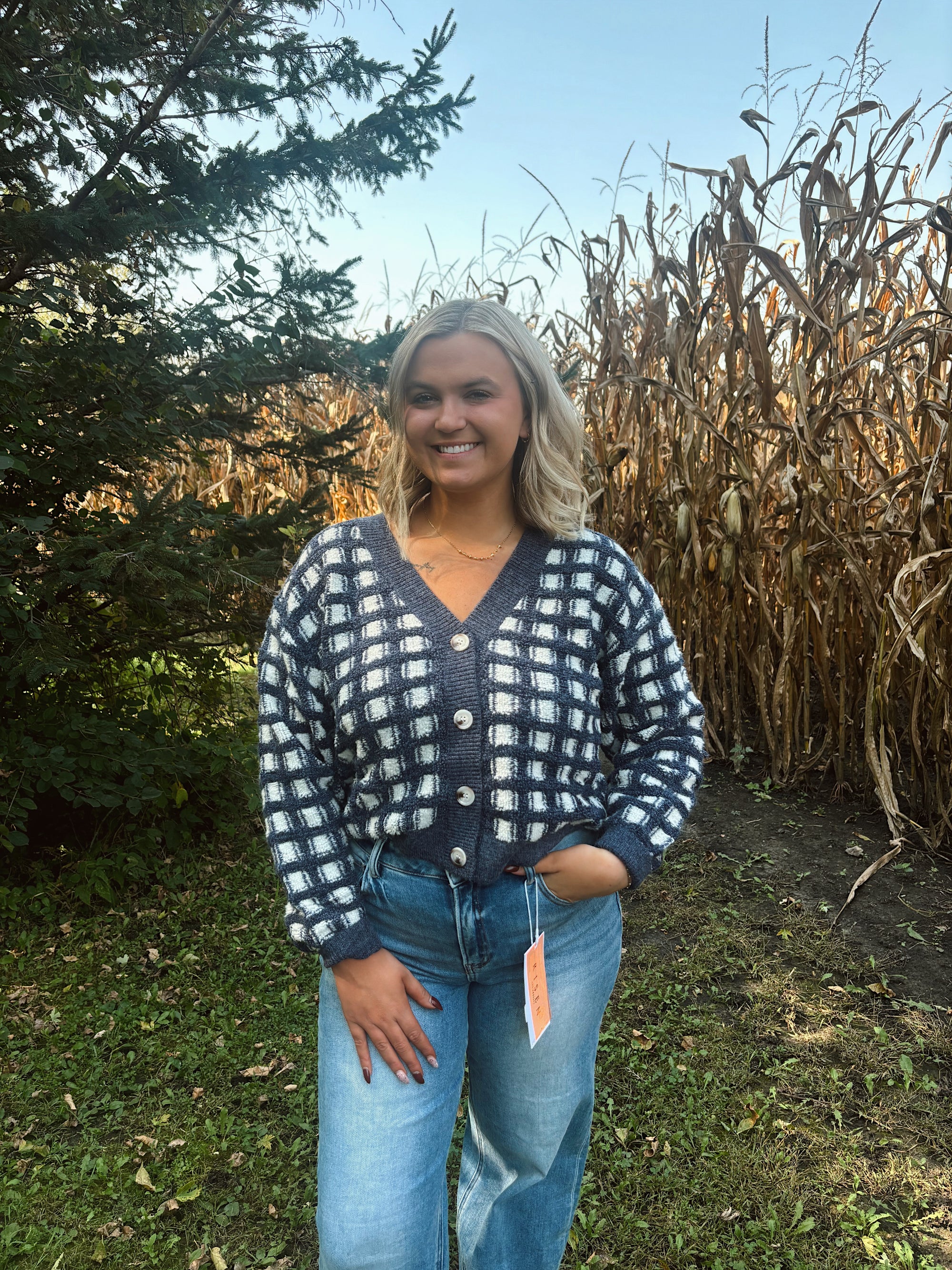 Harbor Checkered Navy Cropped Cardigan