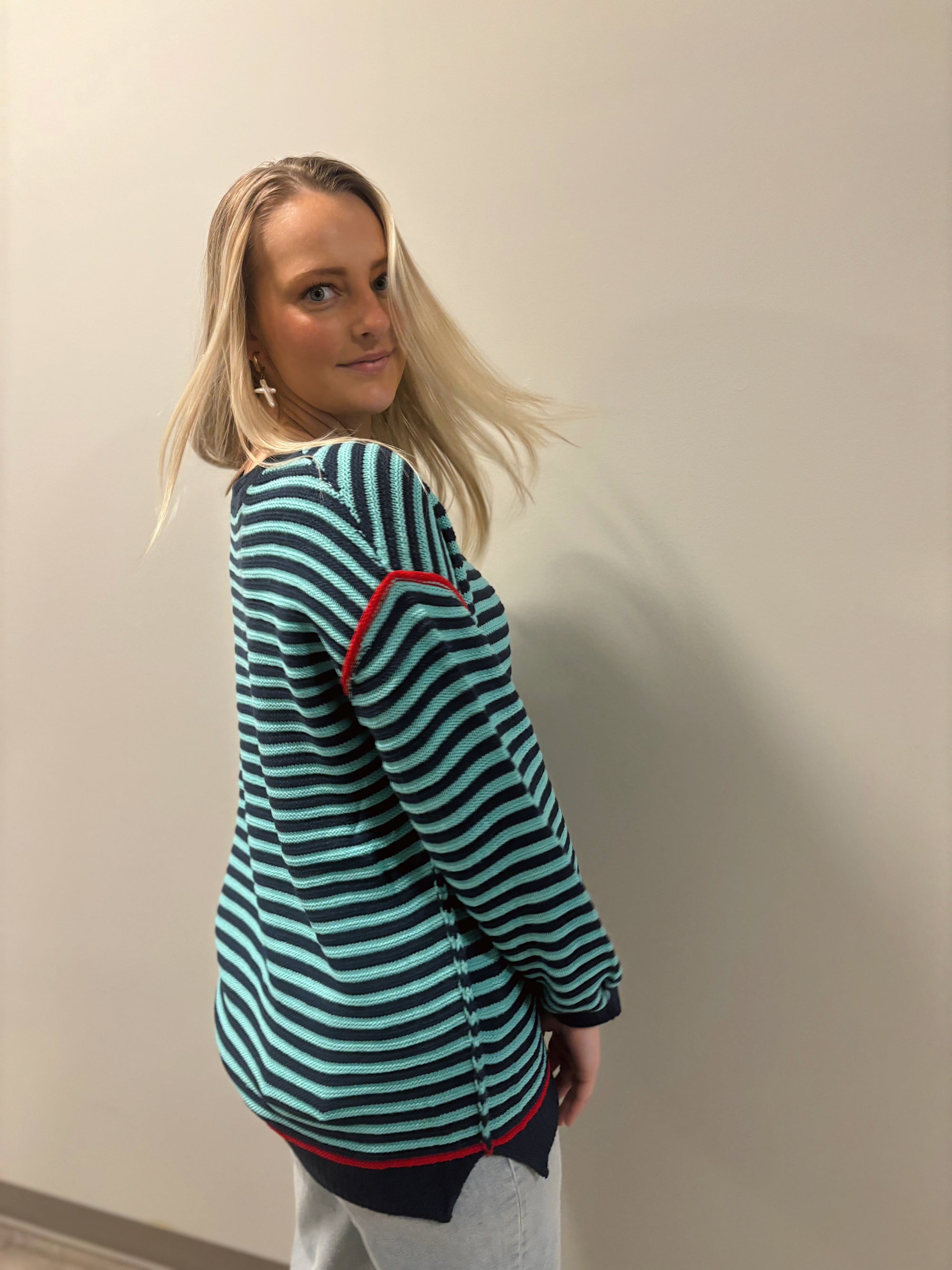 Teal Stripe Boatneck Sweater
