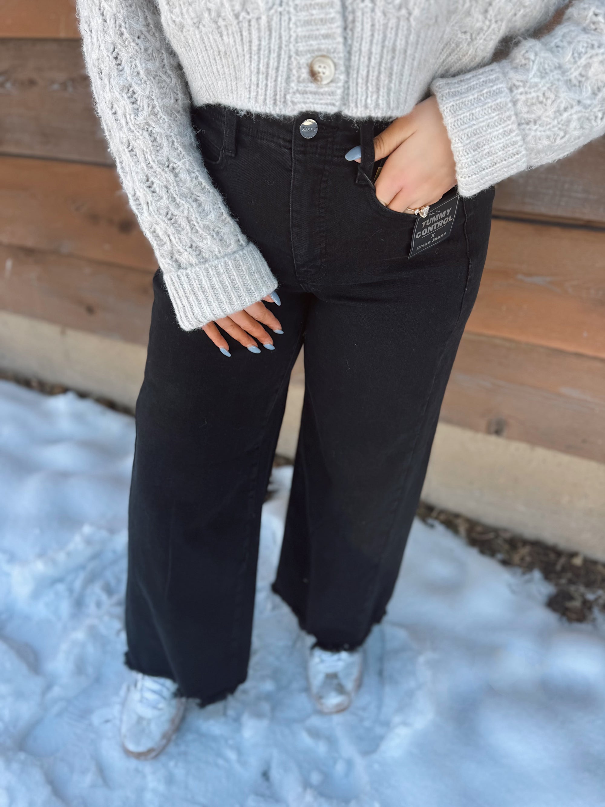 Risen High Rise Black Wide Leg Frey Hem