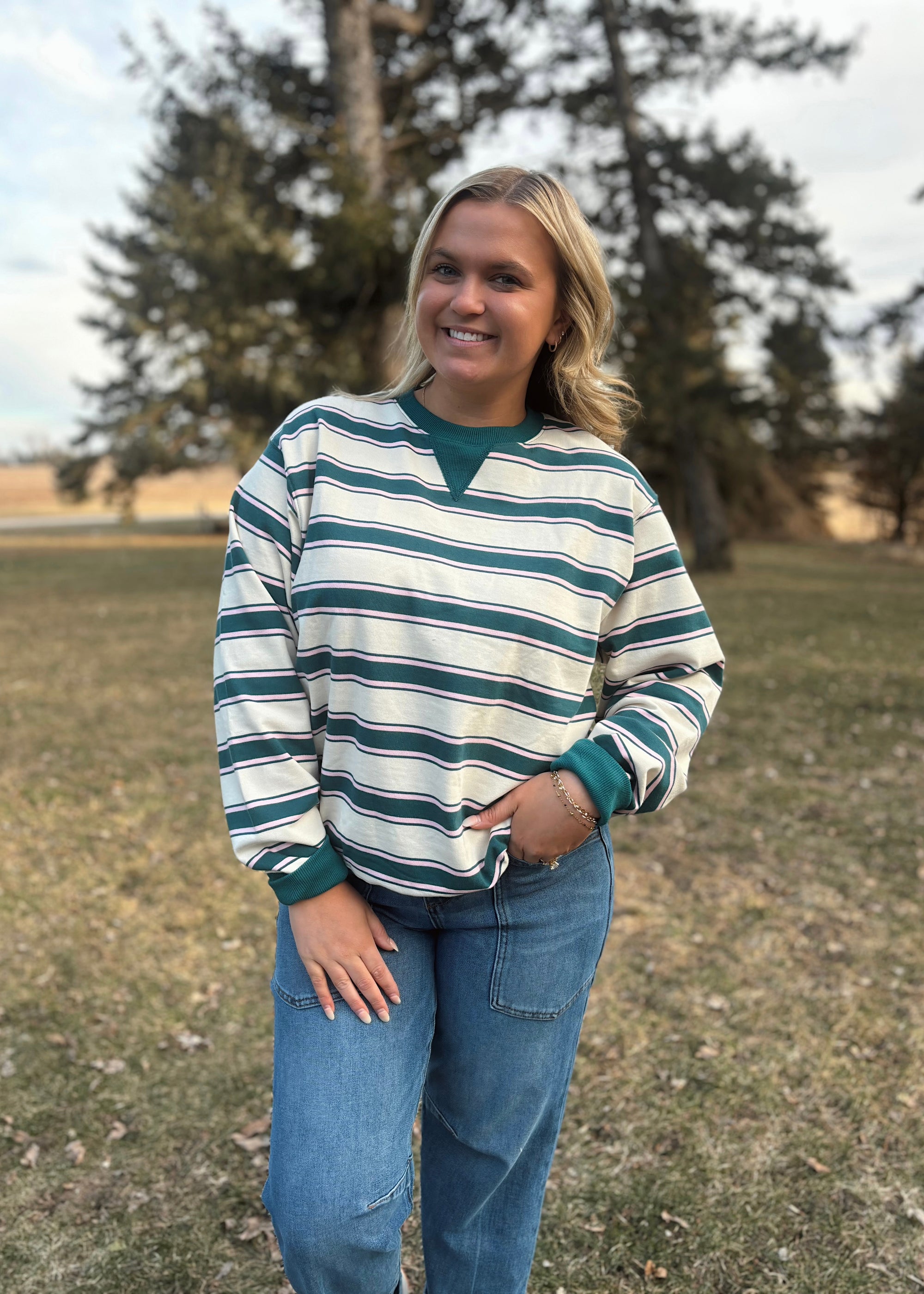 Evergreen Stripe Retro Crew