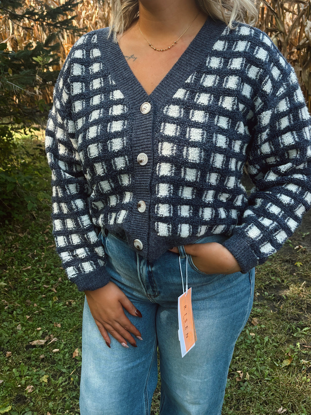 Harbor Checkered Navy Cropped Cardigan