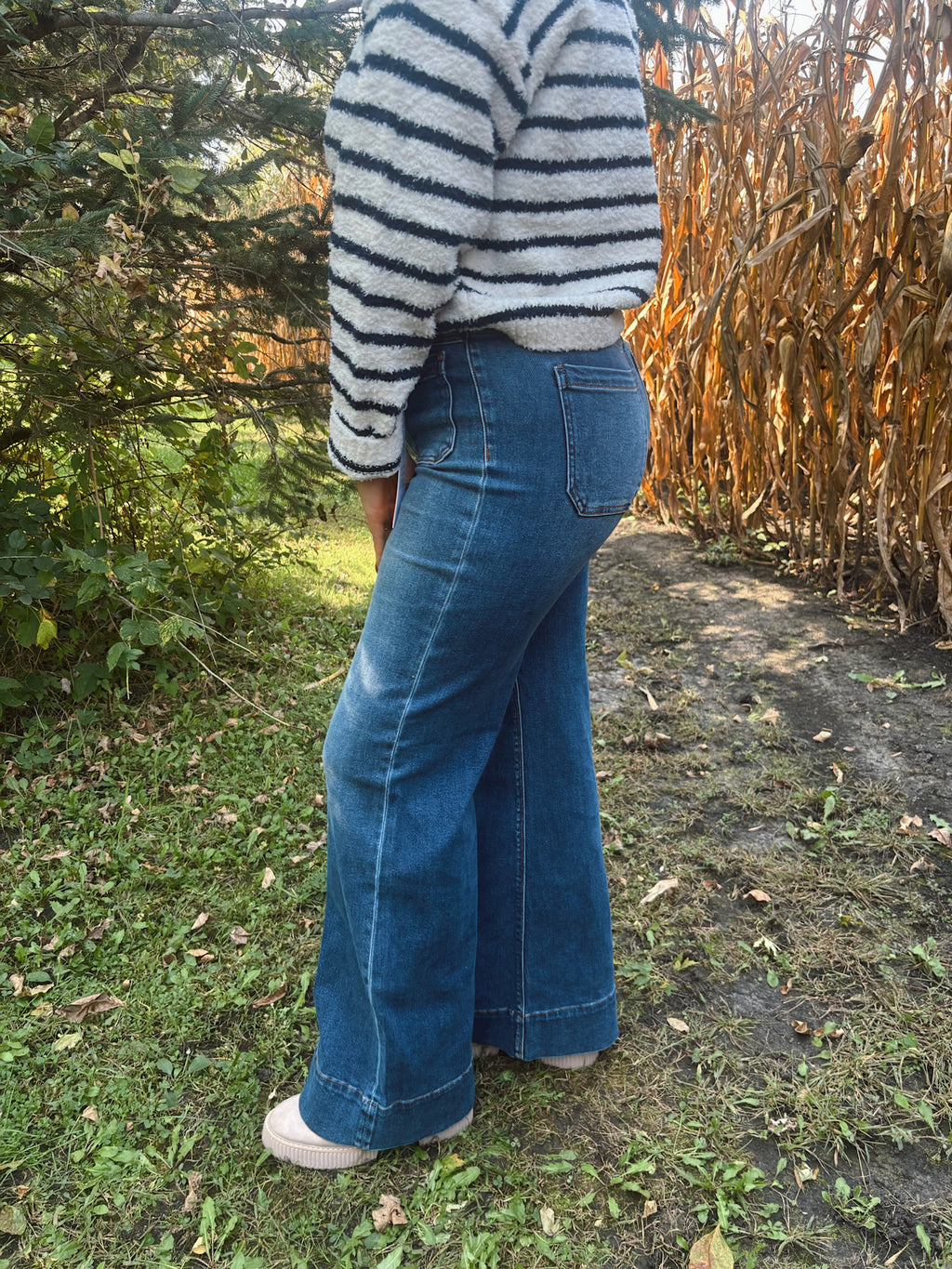 Risen High Rise Wide Flare Patch Pocket Jeans