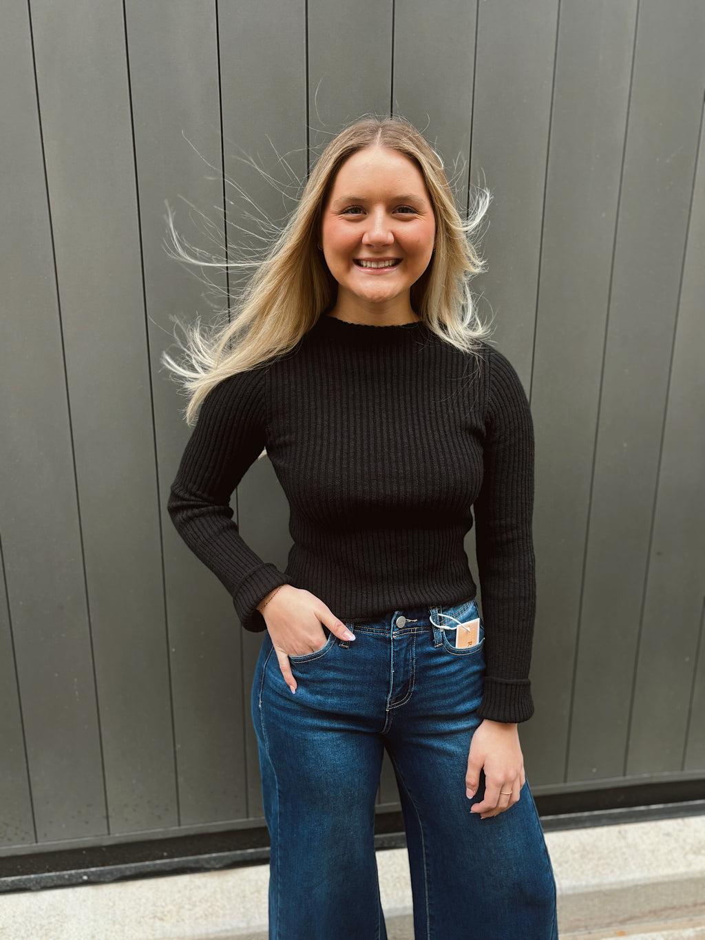 Black Ribbed Mock Neck Knit