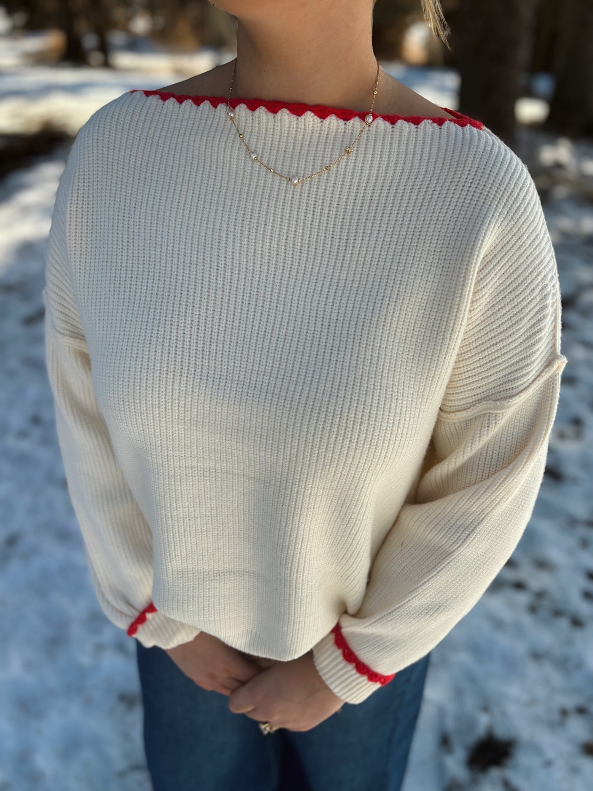 Ivory & Red Trim Knit
