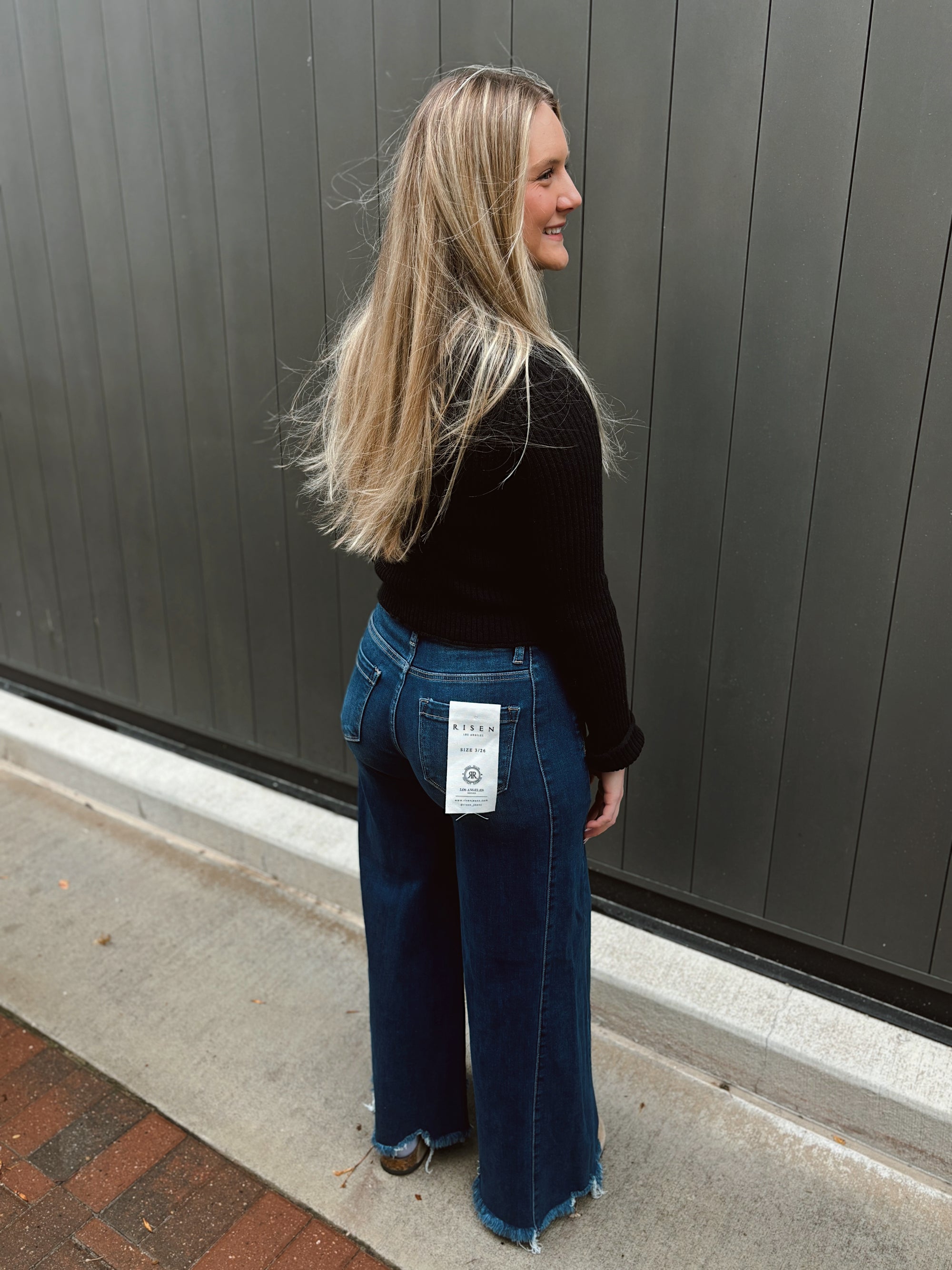 Risen High Rise Wide Fray Ankle- Dark