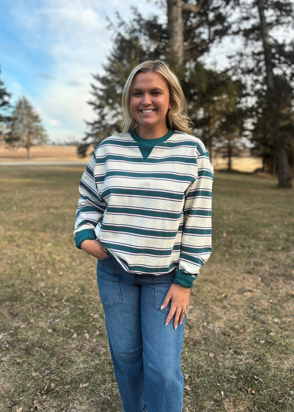 Evergreen Stripe Retro Crew