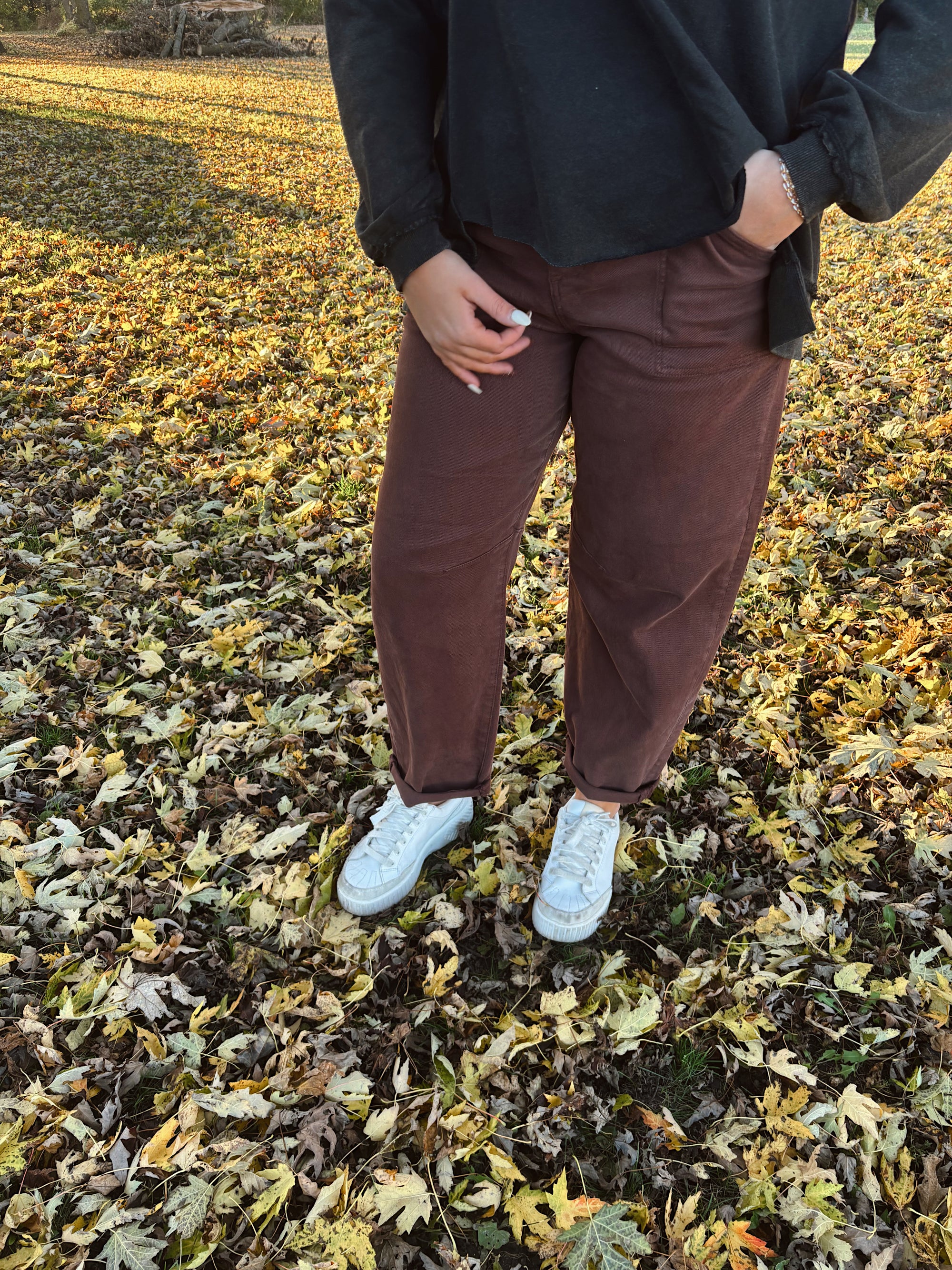 Risen Choco Brown High Rise Barrel Jeans