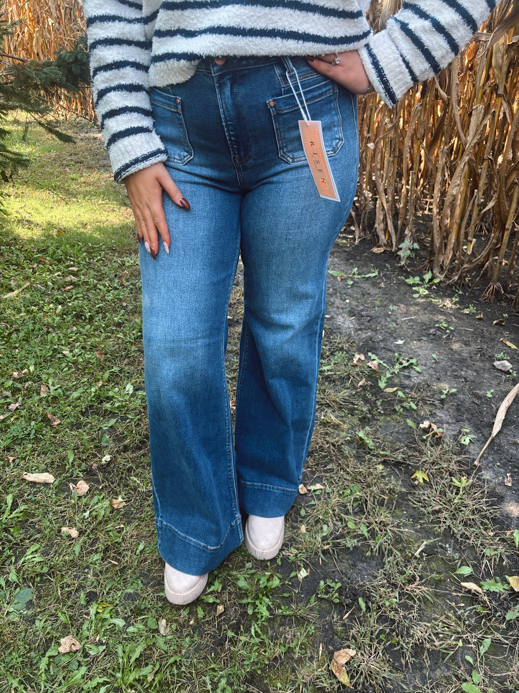 Risen High Rise Wide Flare Patch Pocket Jeans