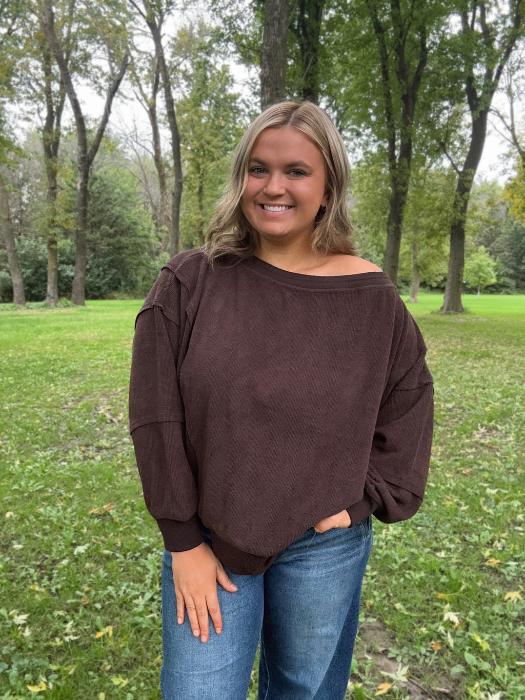 Chocolate Tiered Sleeve Boatneck