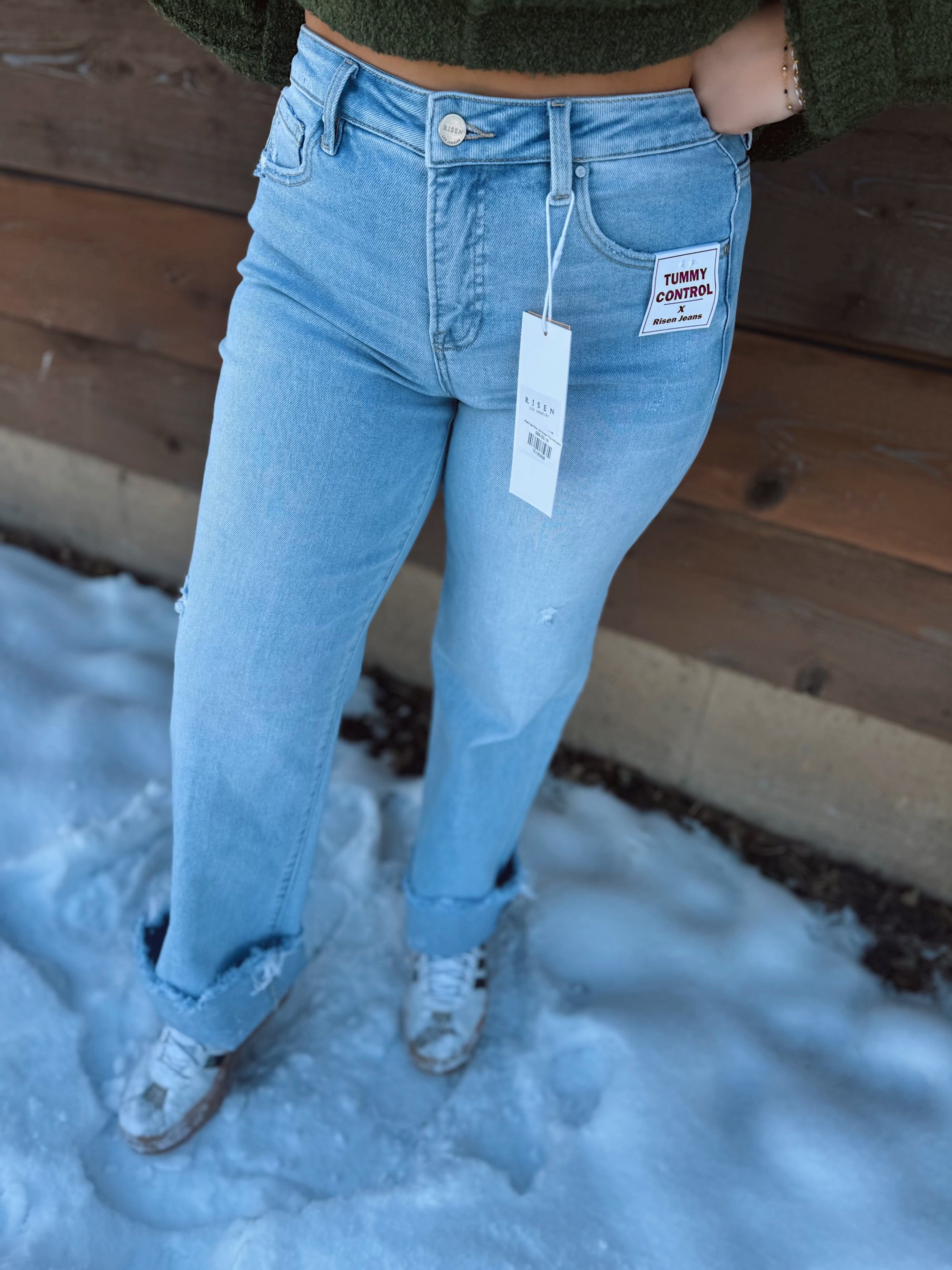 Risen High Rise Light Straight Frey Hem Jeans