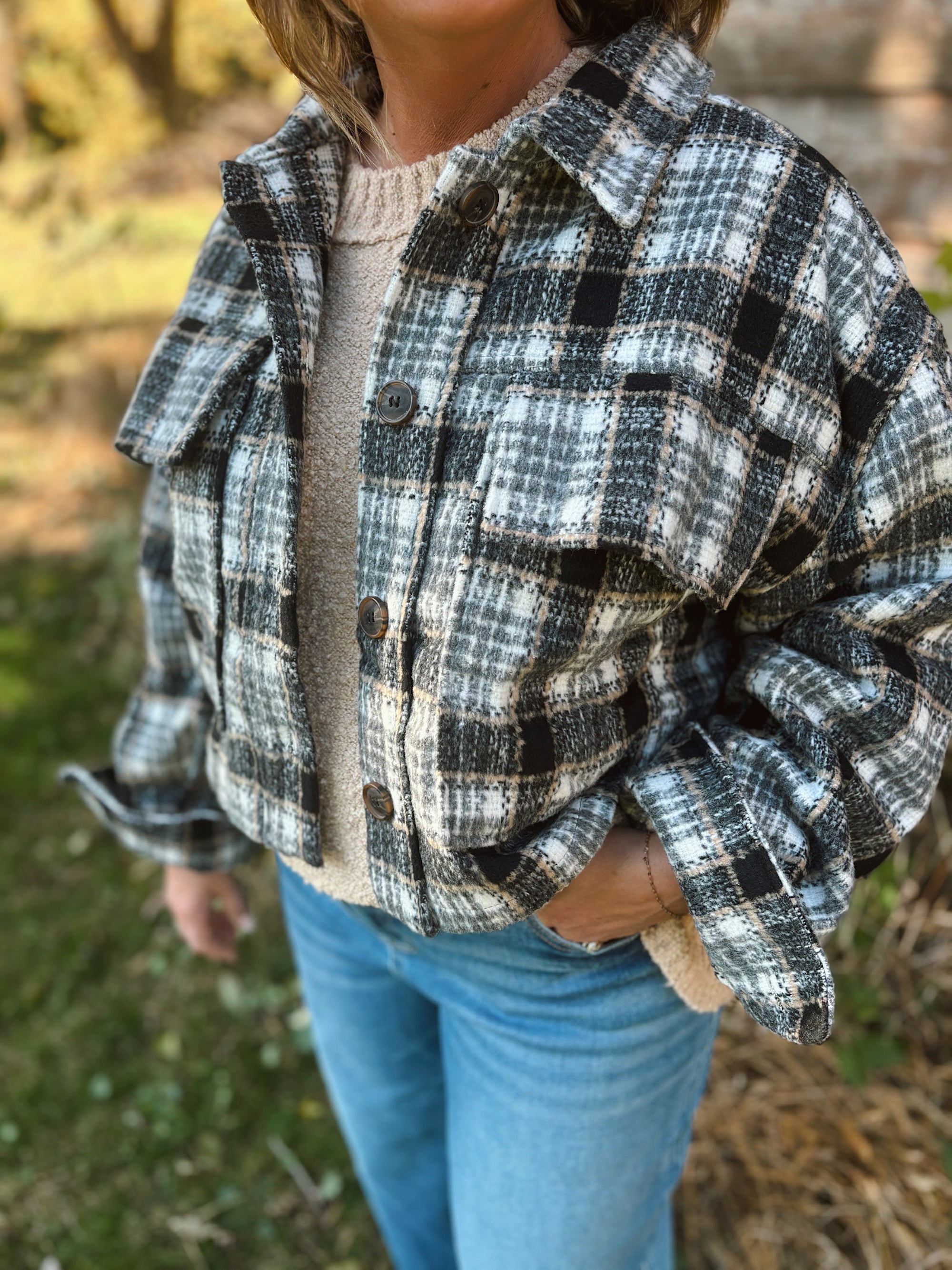 Black Plaid + Pocket Crop Shacket