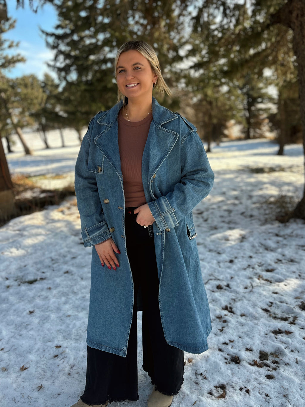 Downtown Belted Denim Trench