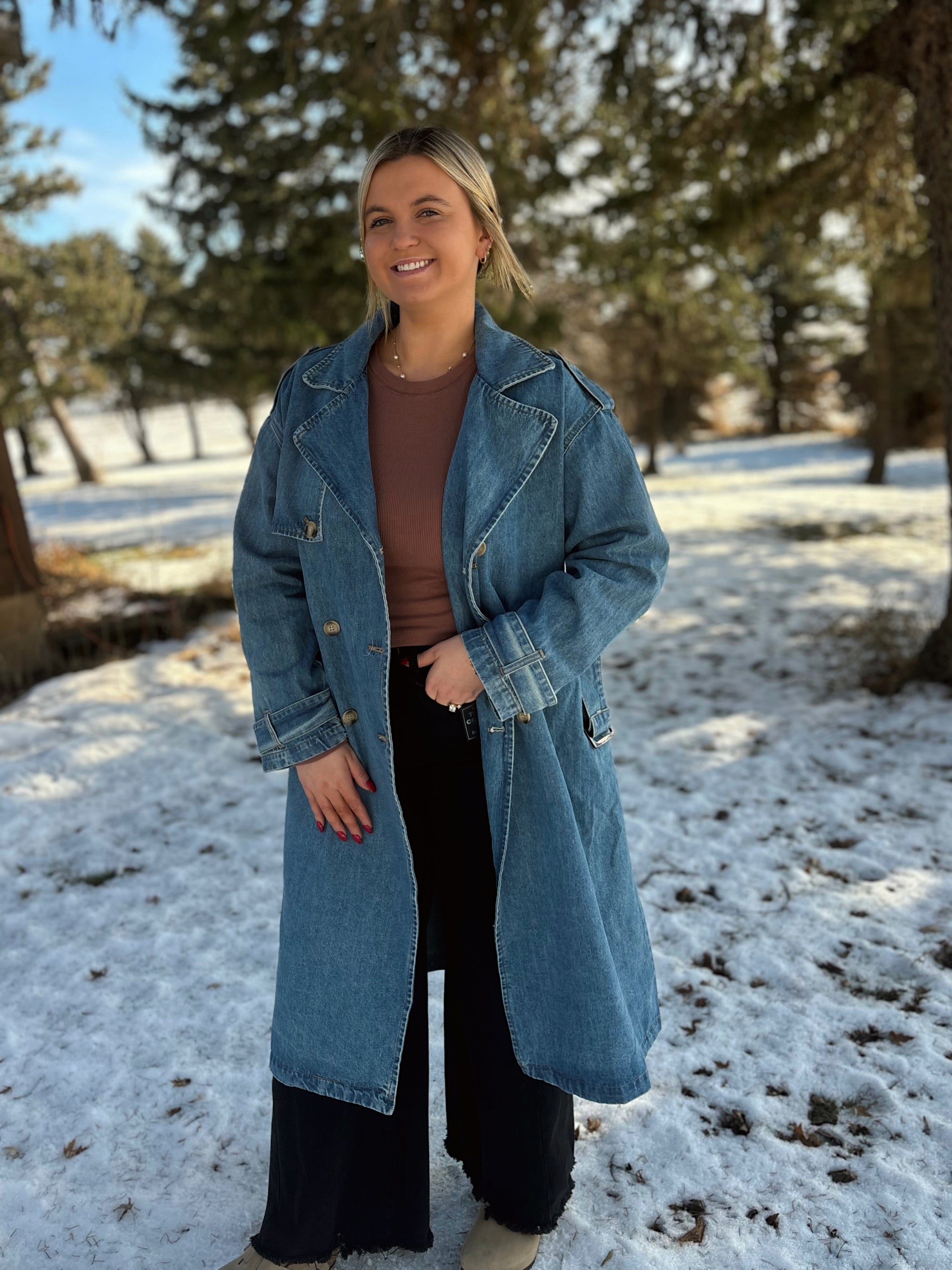 Downtown Belted Denim Trench