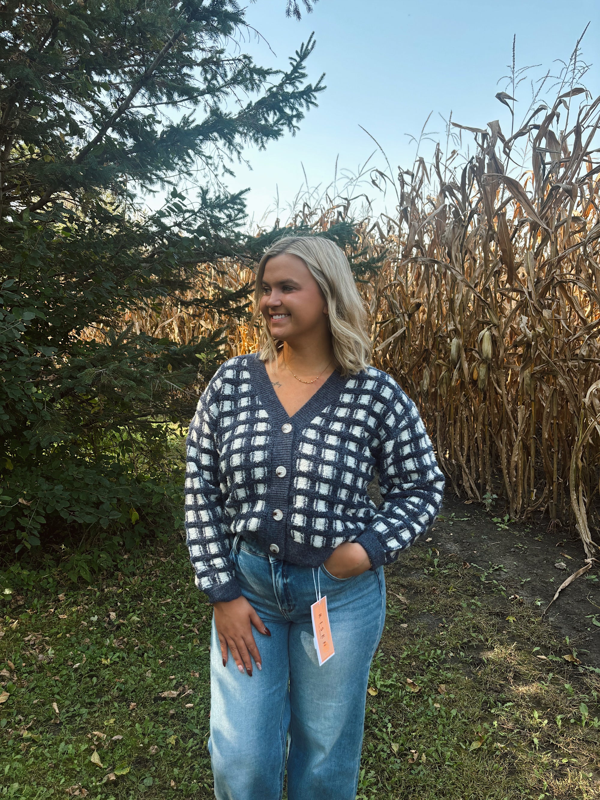 Harbor Checkered Navy Cropped Cardigan