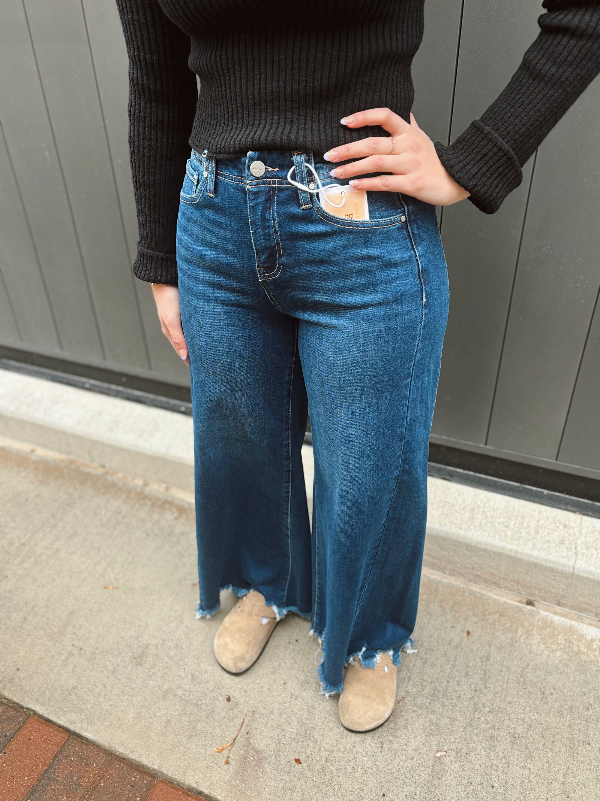 Risen High Rise Wide Fray Ankle- Dark