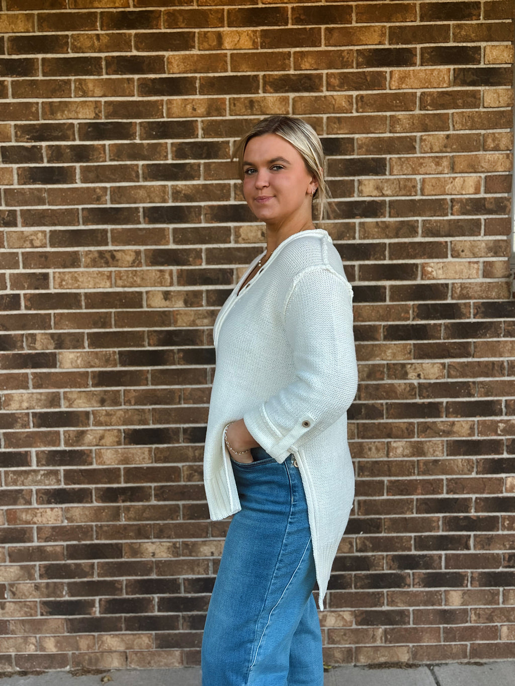 Frosted Cream Dolman Button Henley