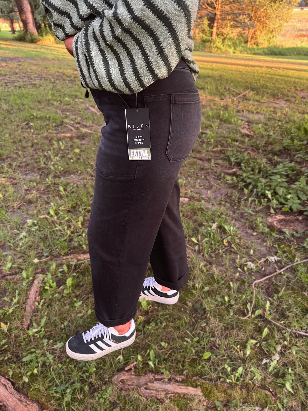 Risen Tie Slouchy Cropped Patch Pocket Jeans- Black