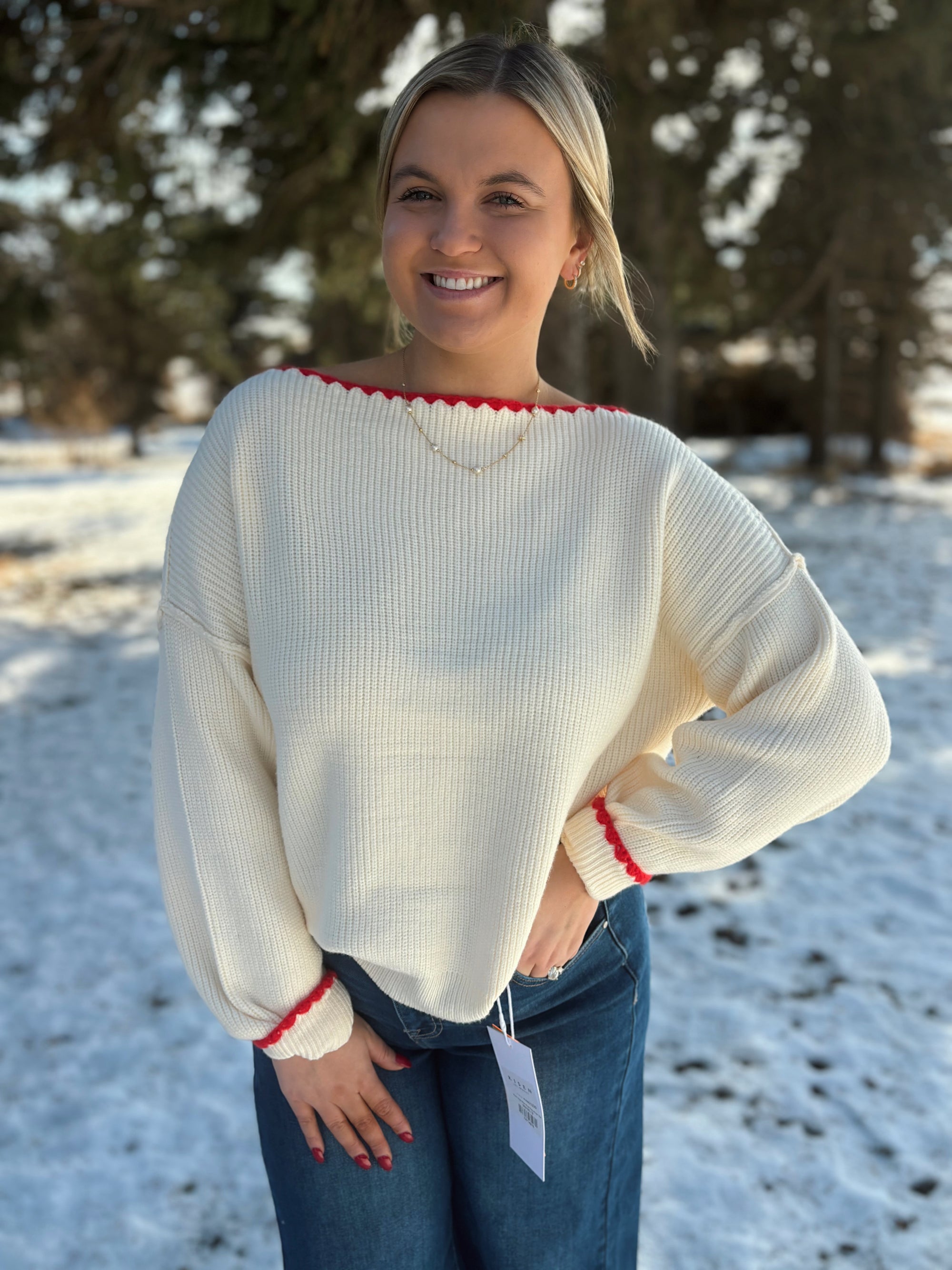 Ivory & Red Trim Knit