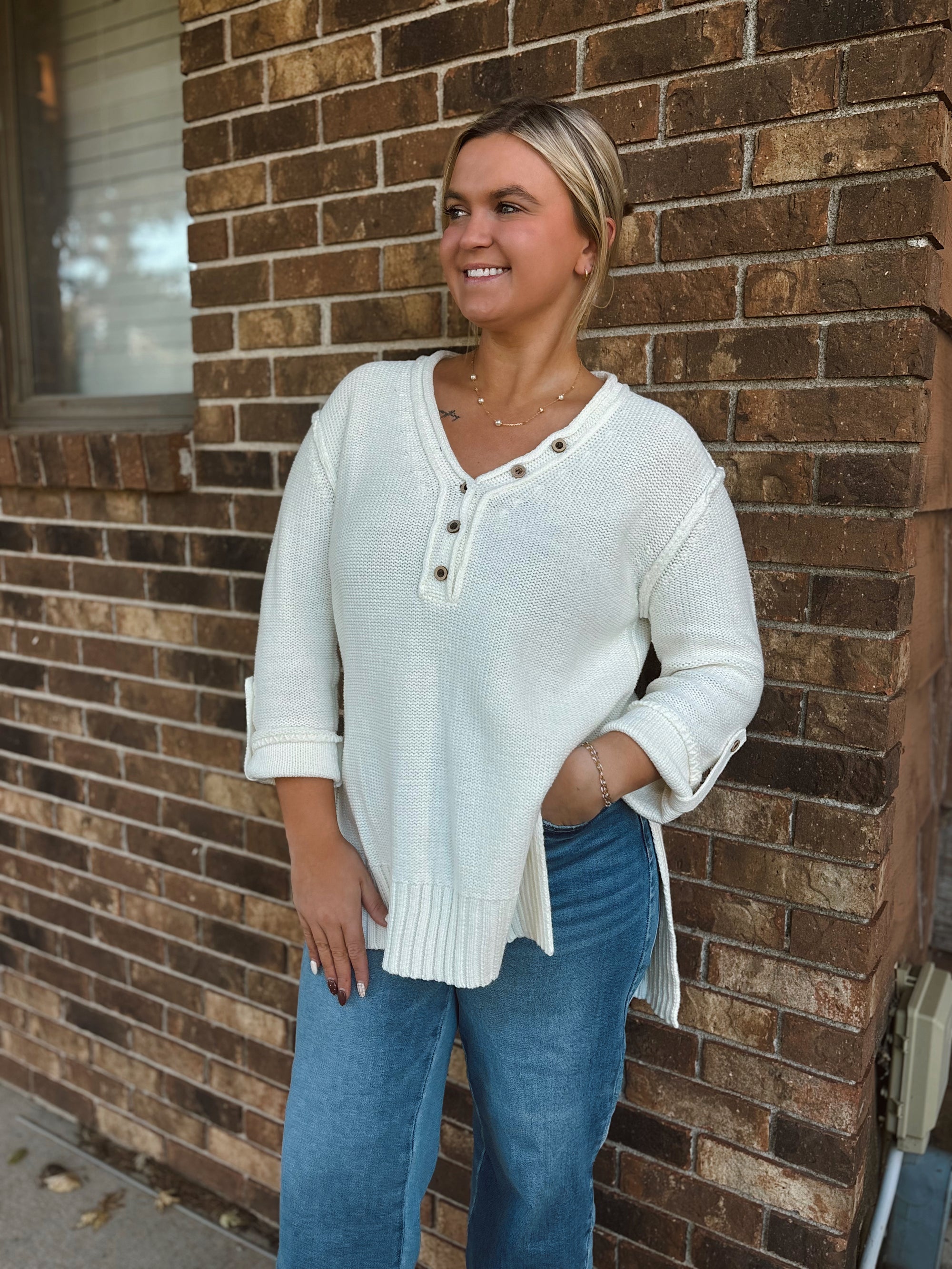 Frosted Cream Dolman Button Henley