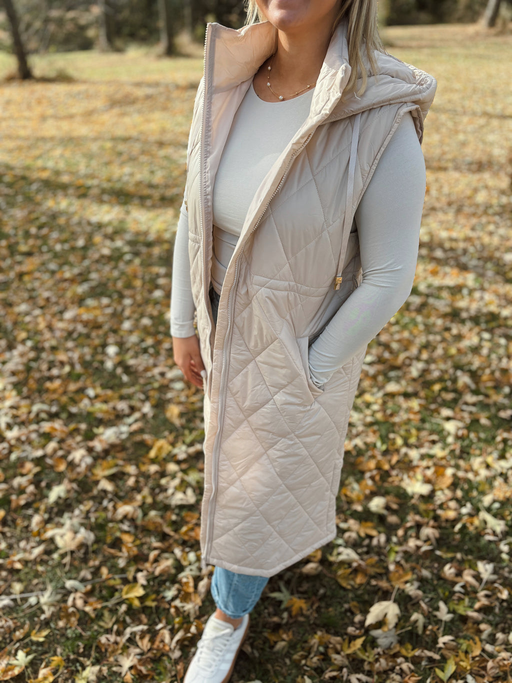 Beige Quilted Longline Vest