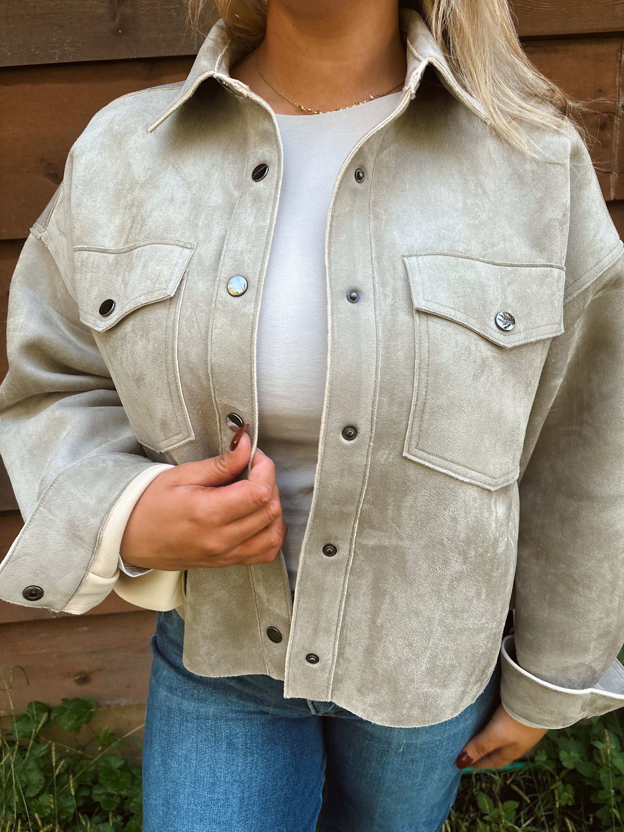 Sunday Stroll Suede Jacket- Dusty Olive