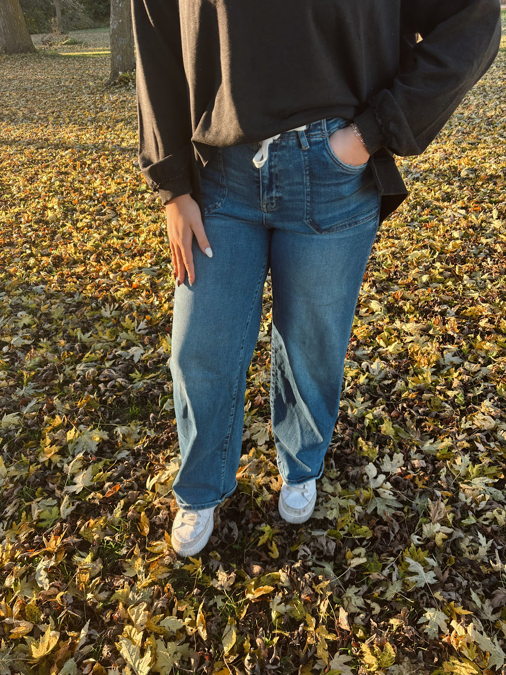 Risen High Rise Wide Baggy Jeans Tie Waistband- Dark