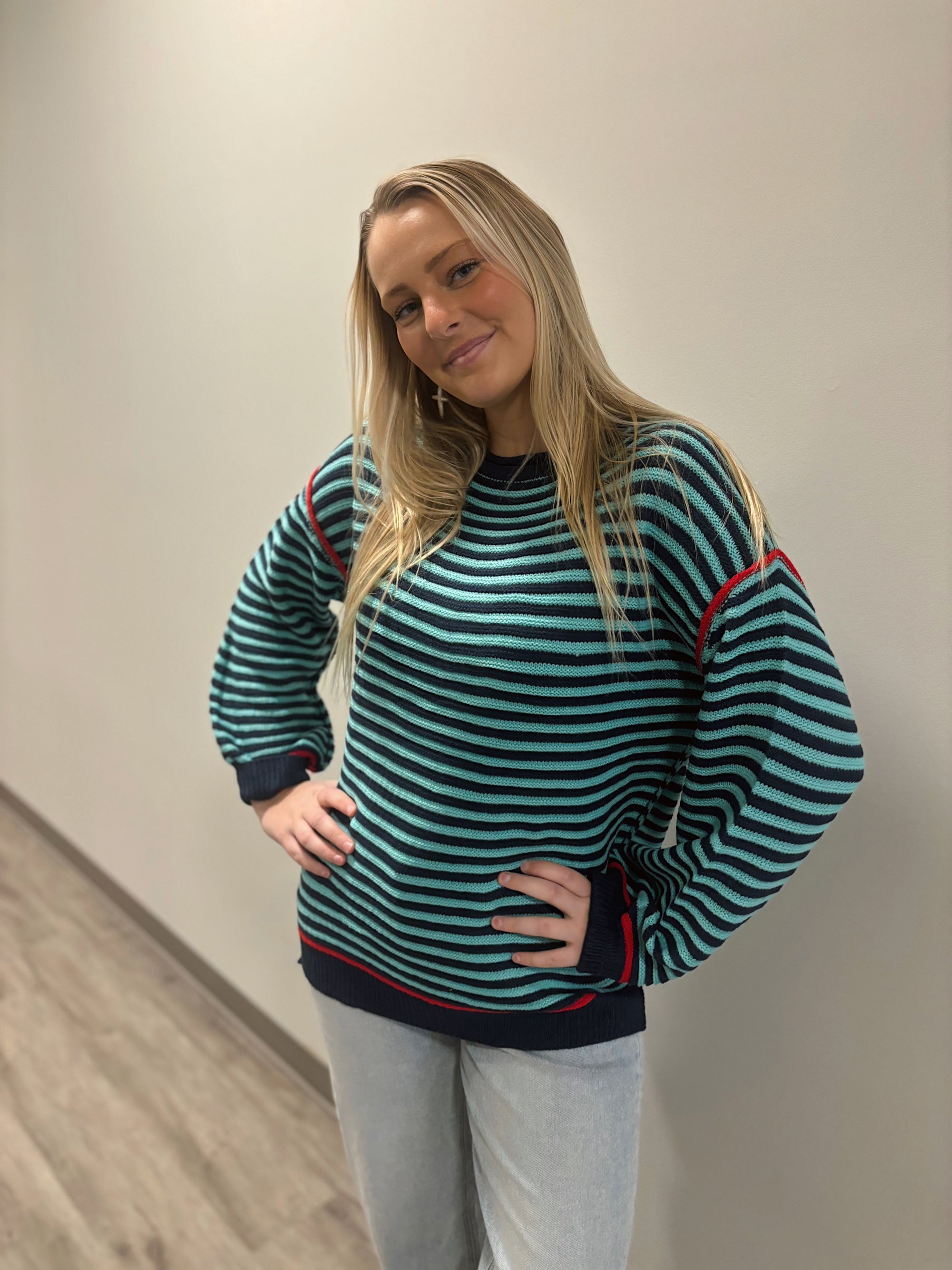 Teal Stripe Boatneck Sweater