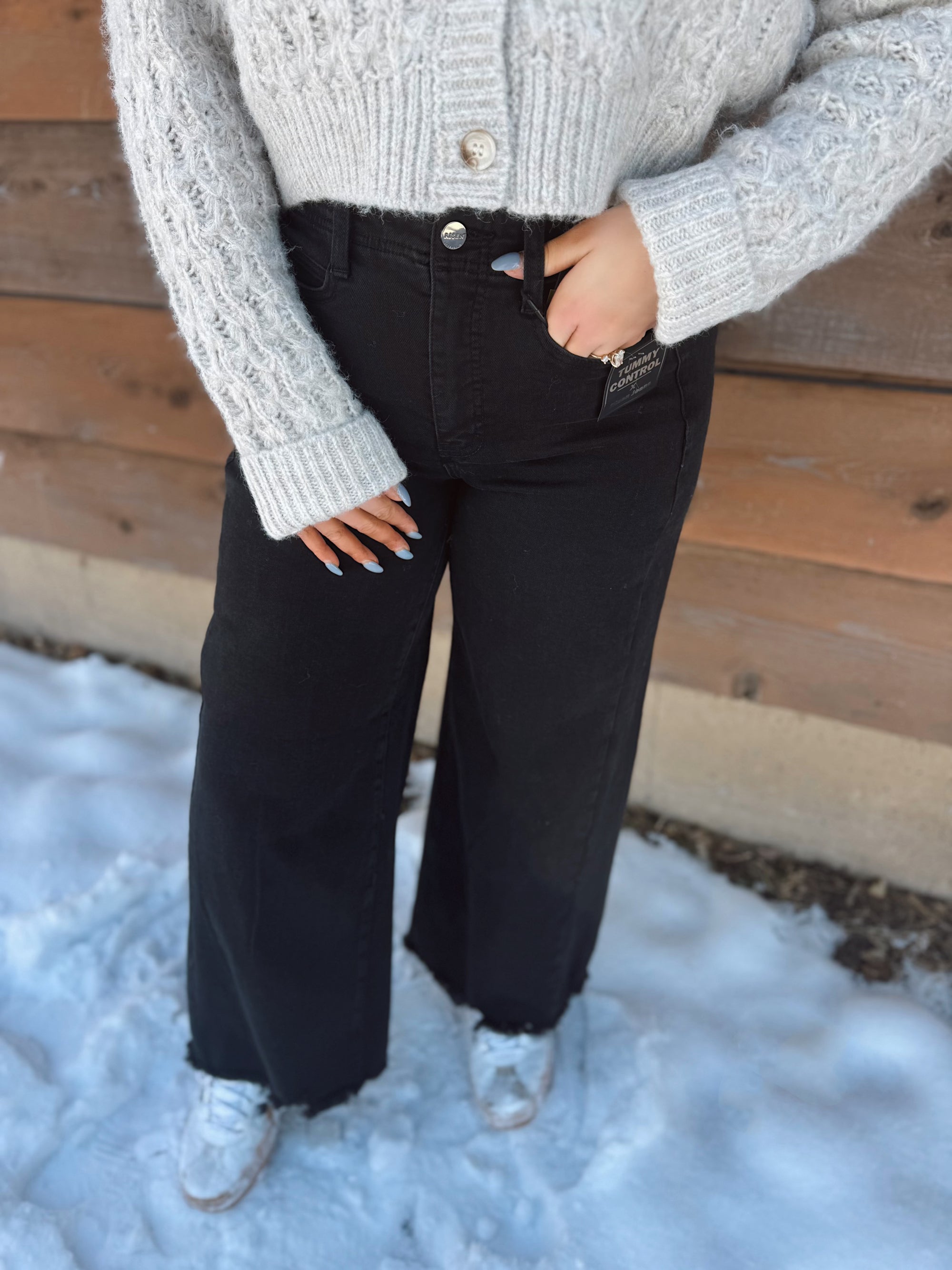 Risen High Rise Black Wide Leg Frey Hem