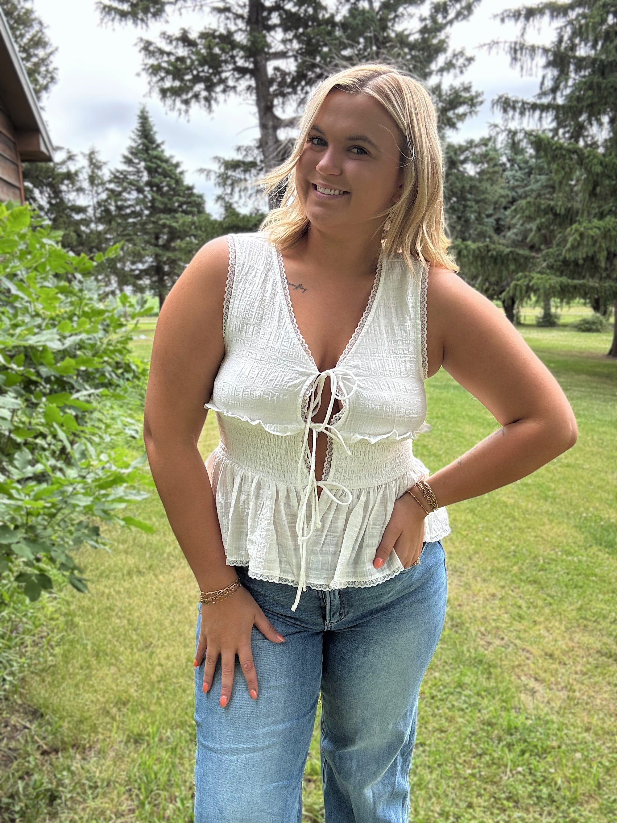 Sweet Magnolia Tie Tank- Ivory