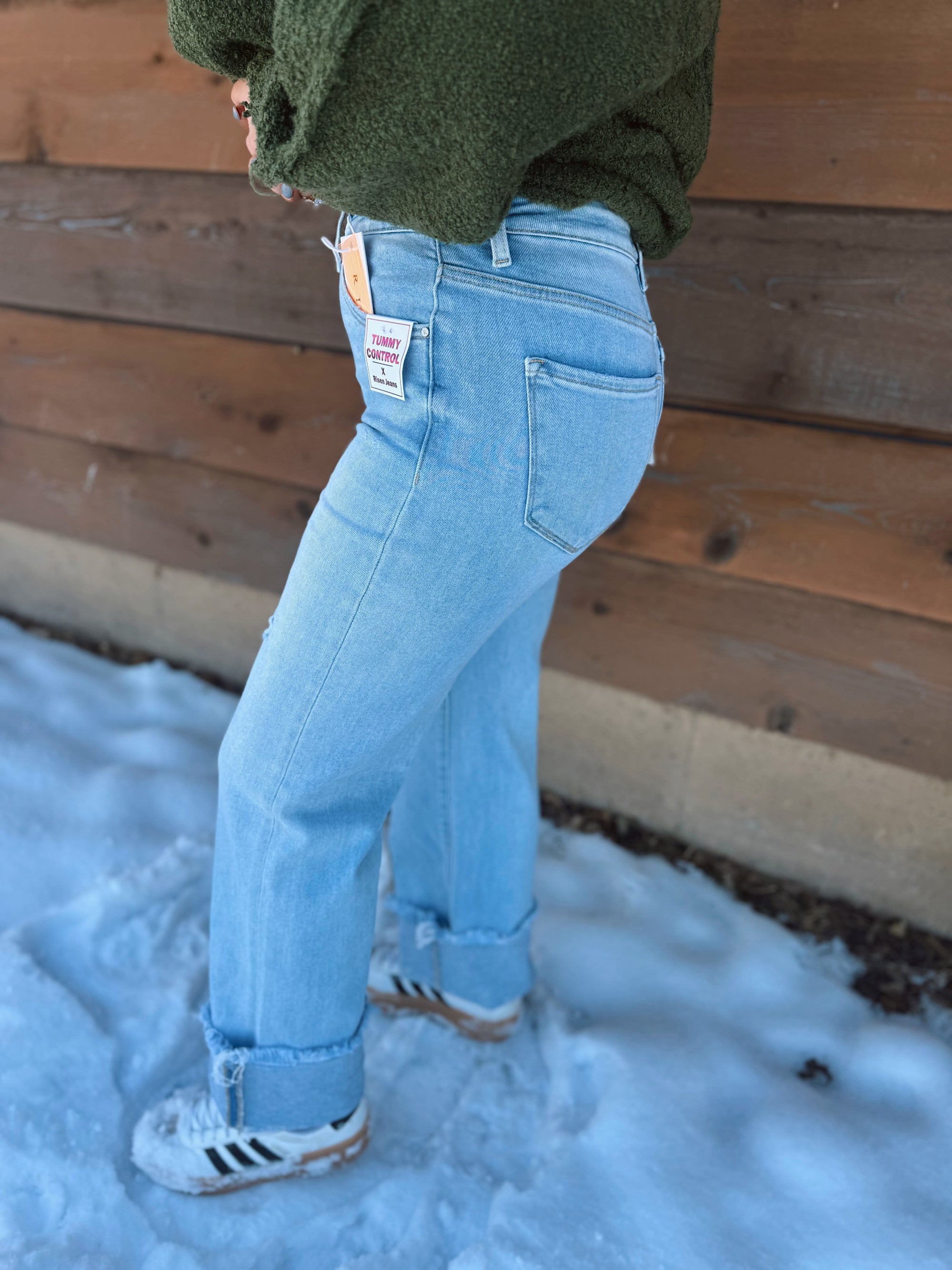 Risen High Rise Light Straight Frey Hem Jeans