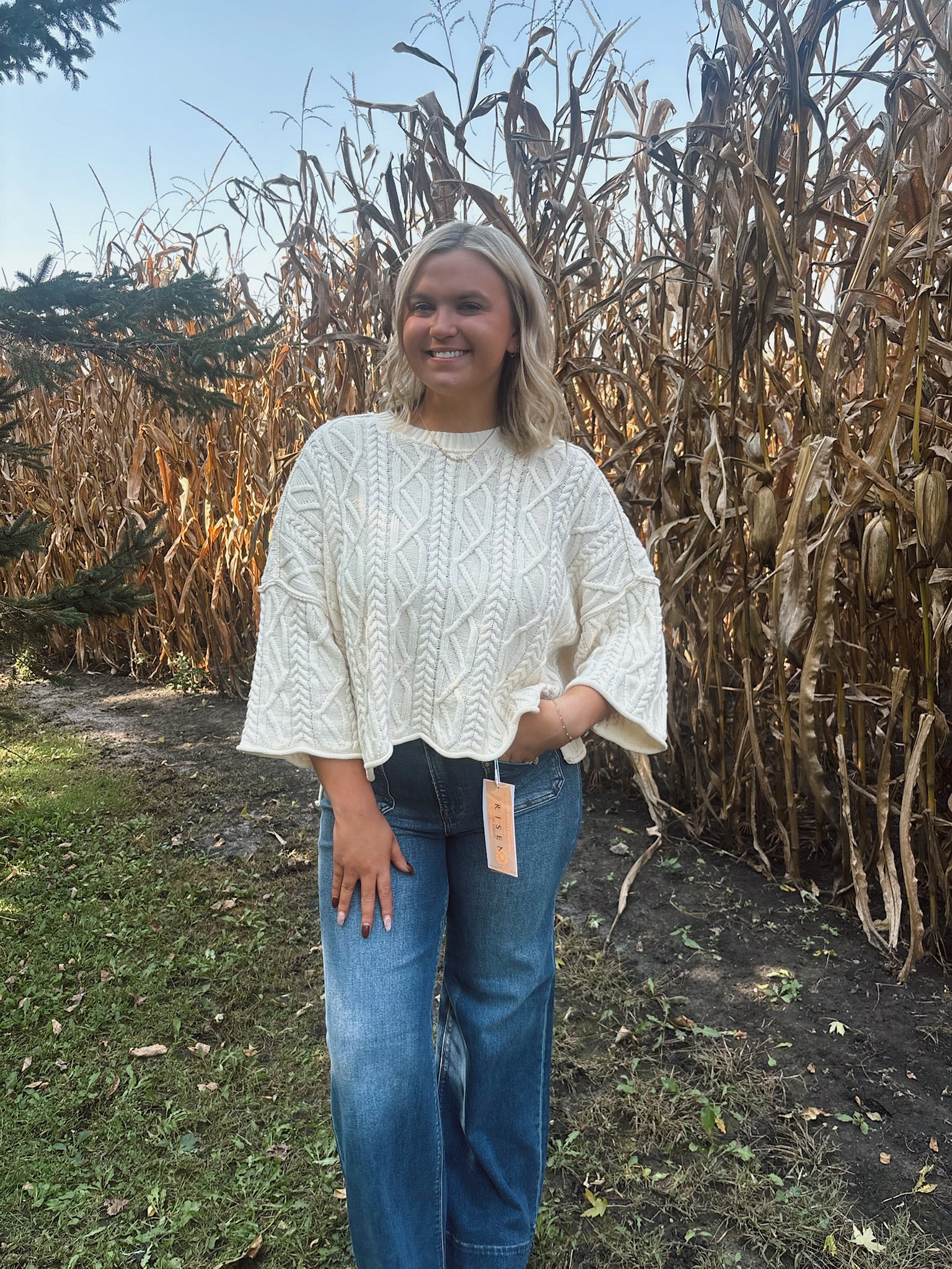 Cream Knit Bell Sleeve Sweater