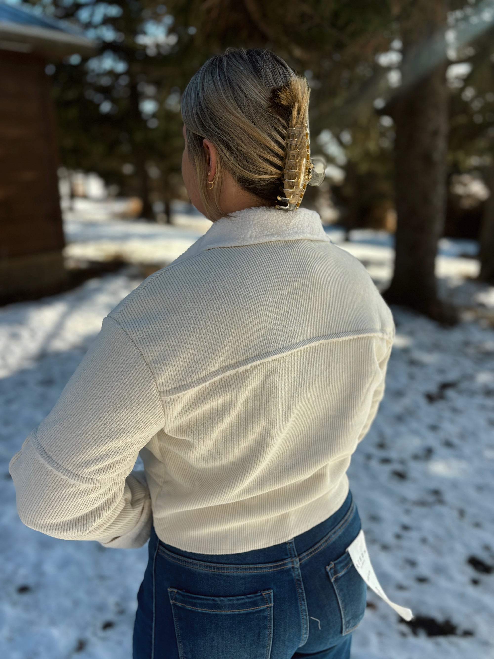 Cream Corduroy Fleece Cropped Jacket