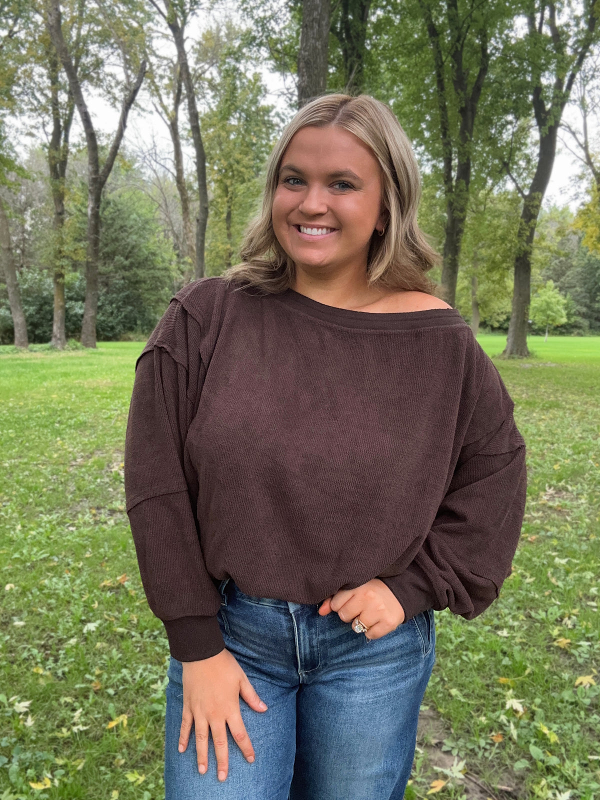 Chocolate Tiered Sleeve Boatneck
