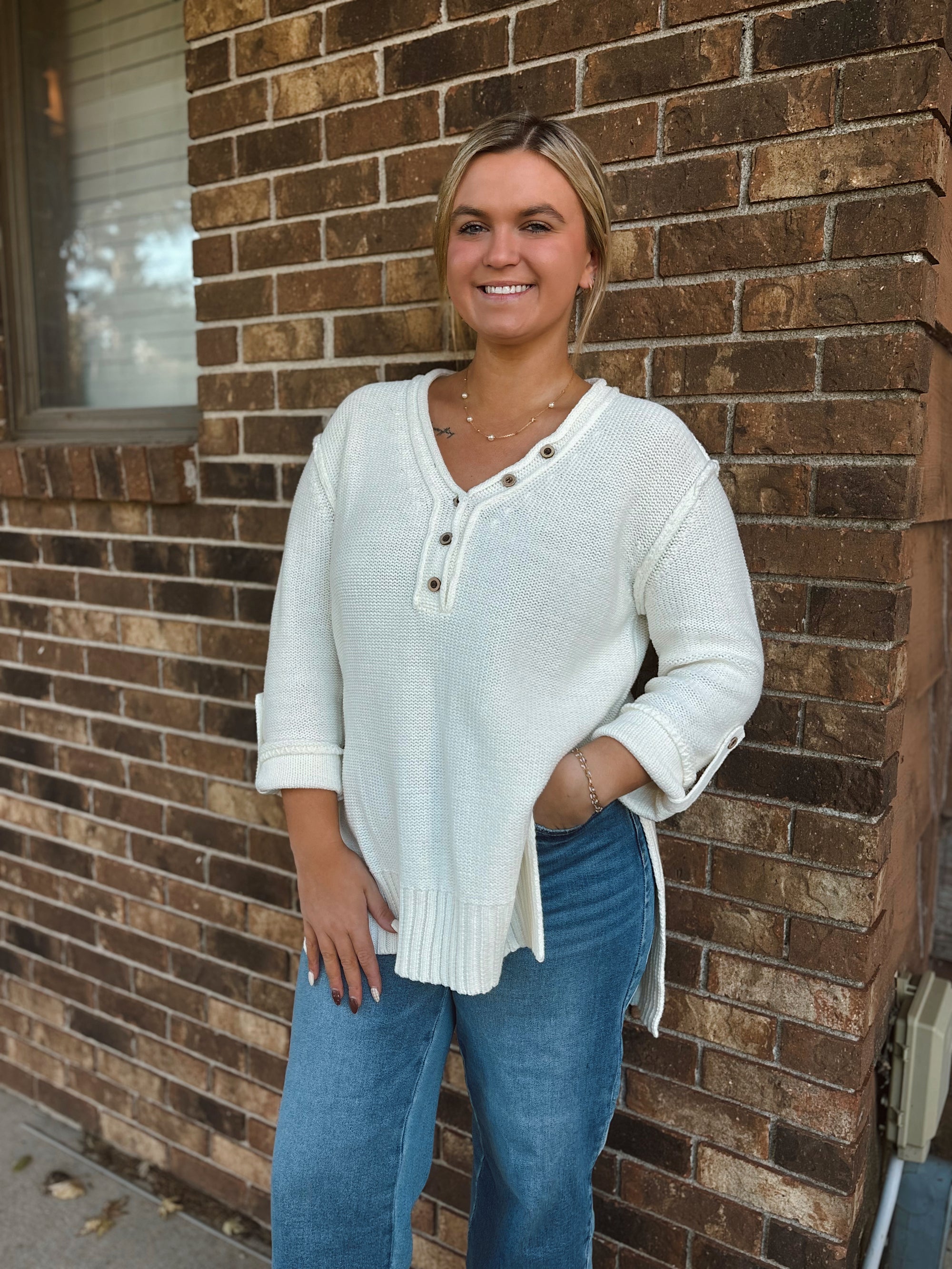 Frosted Cream Dolman Button Henley