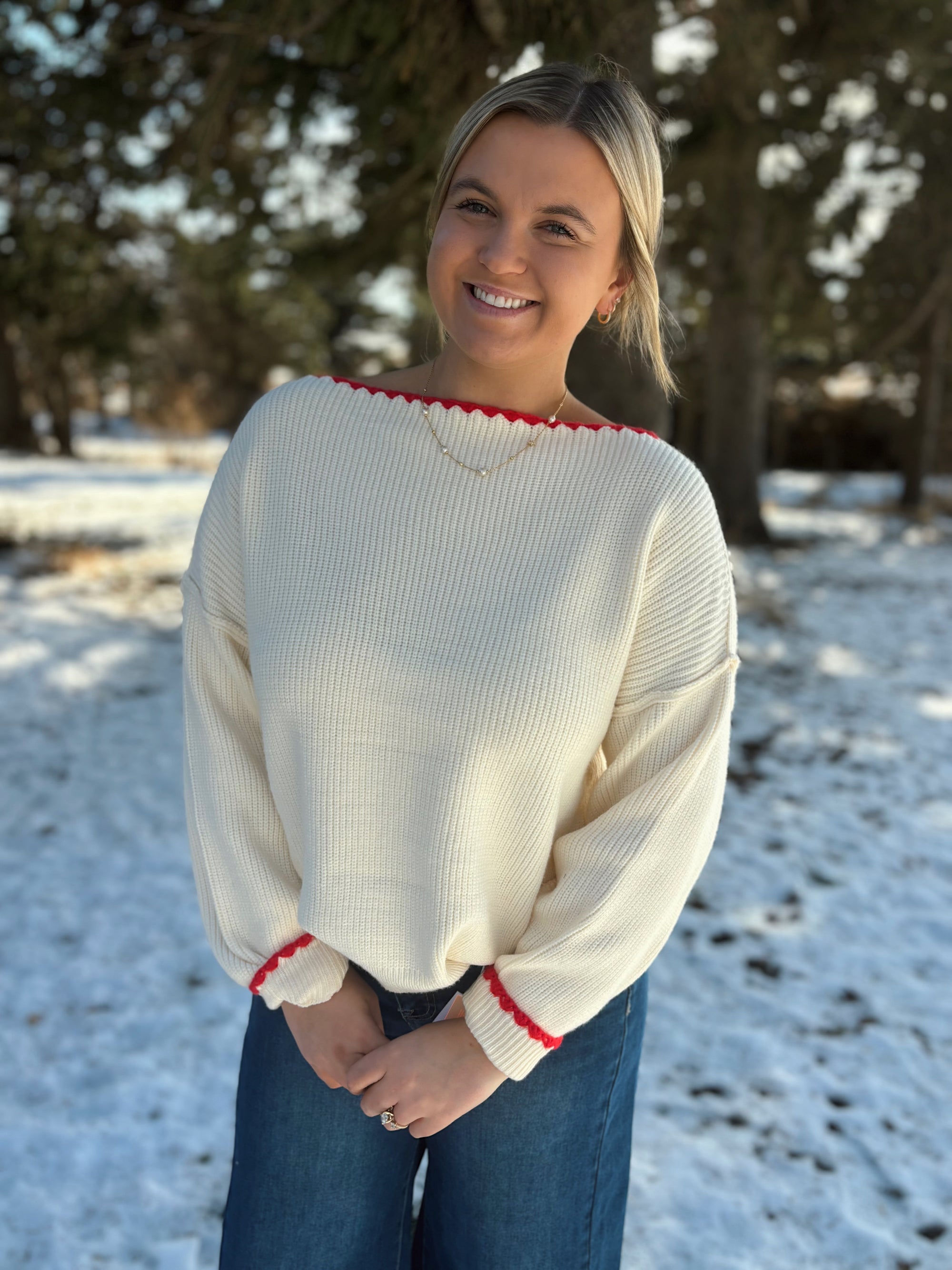 Ivory & Red Trim Knit