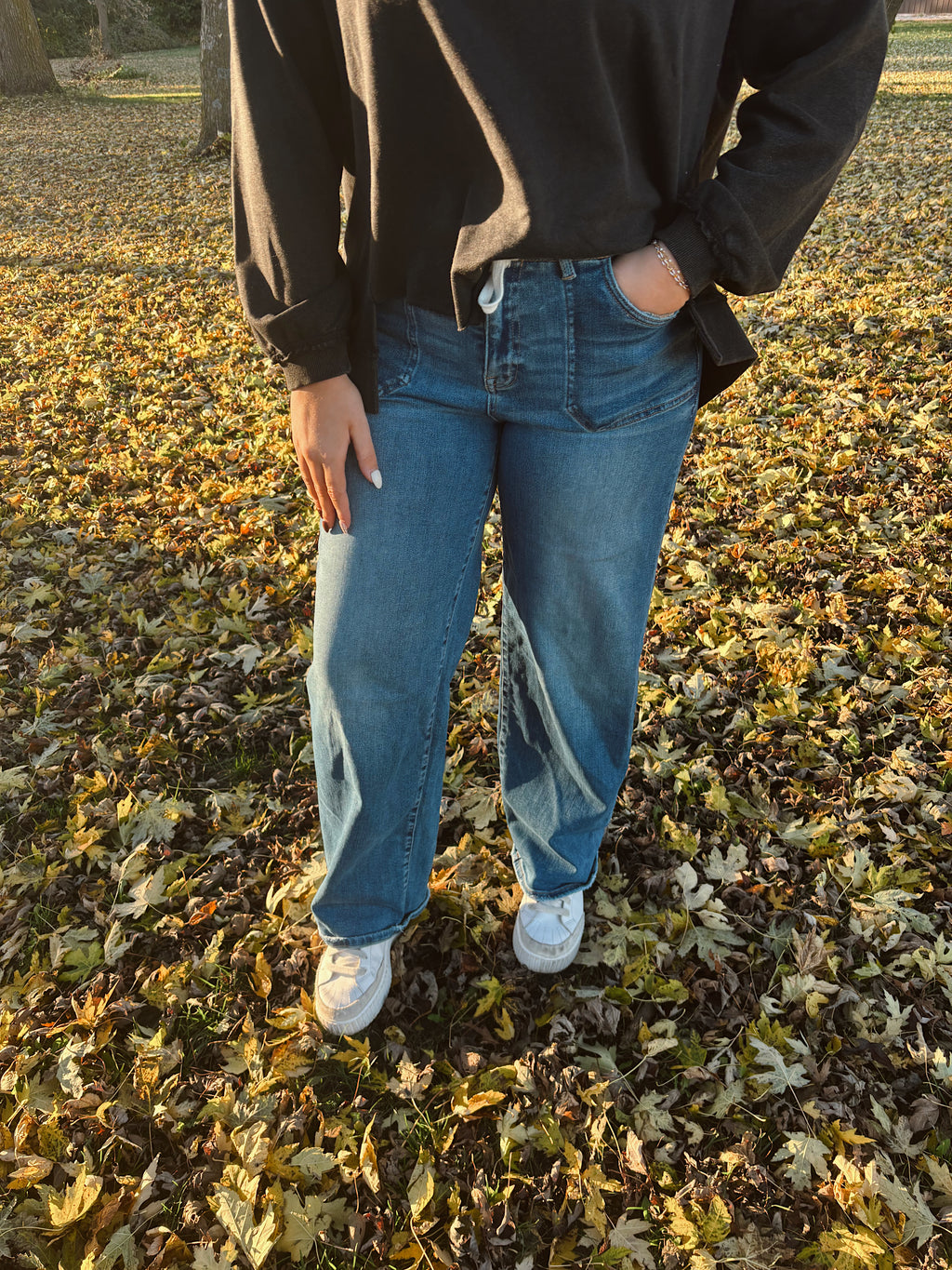 Risen High Rise Wide Baggy Jeans Tie Waistband- Dark