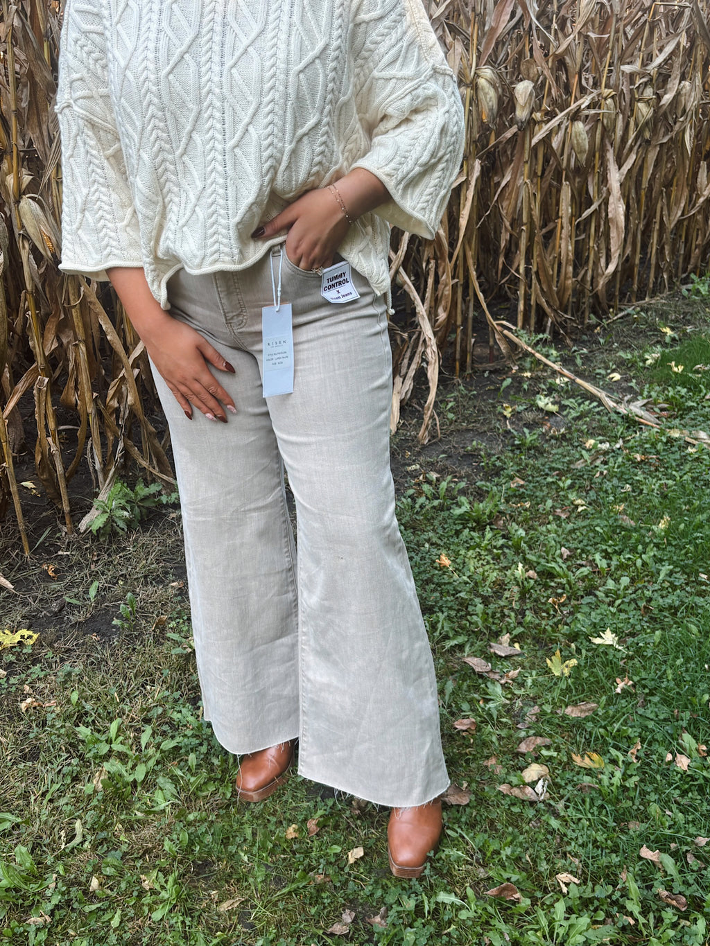 Risen High Rise Tummy Control Lurex Taupe Palazzo Pants