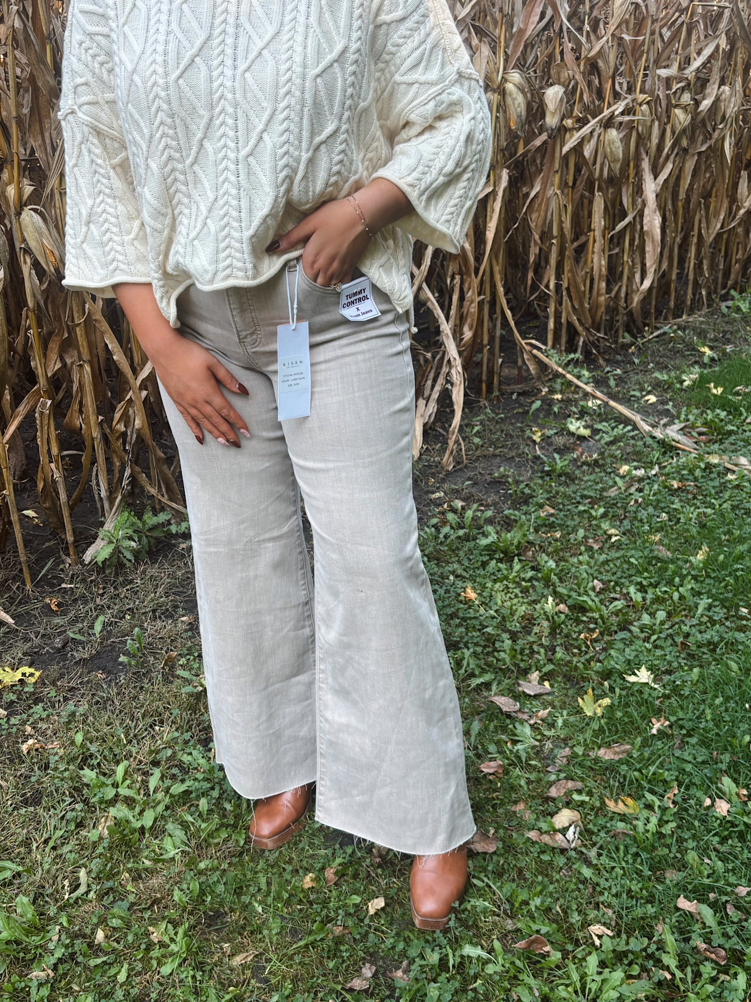 Risen High Rise Tummy Control Lurex Taupe Palazzo Pants