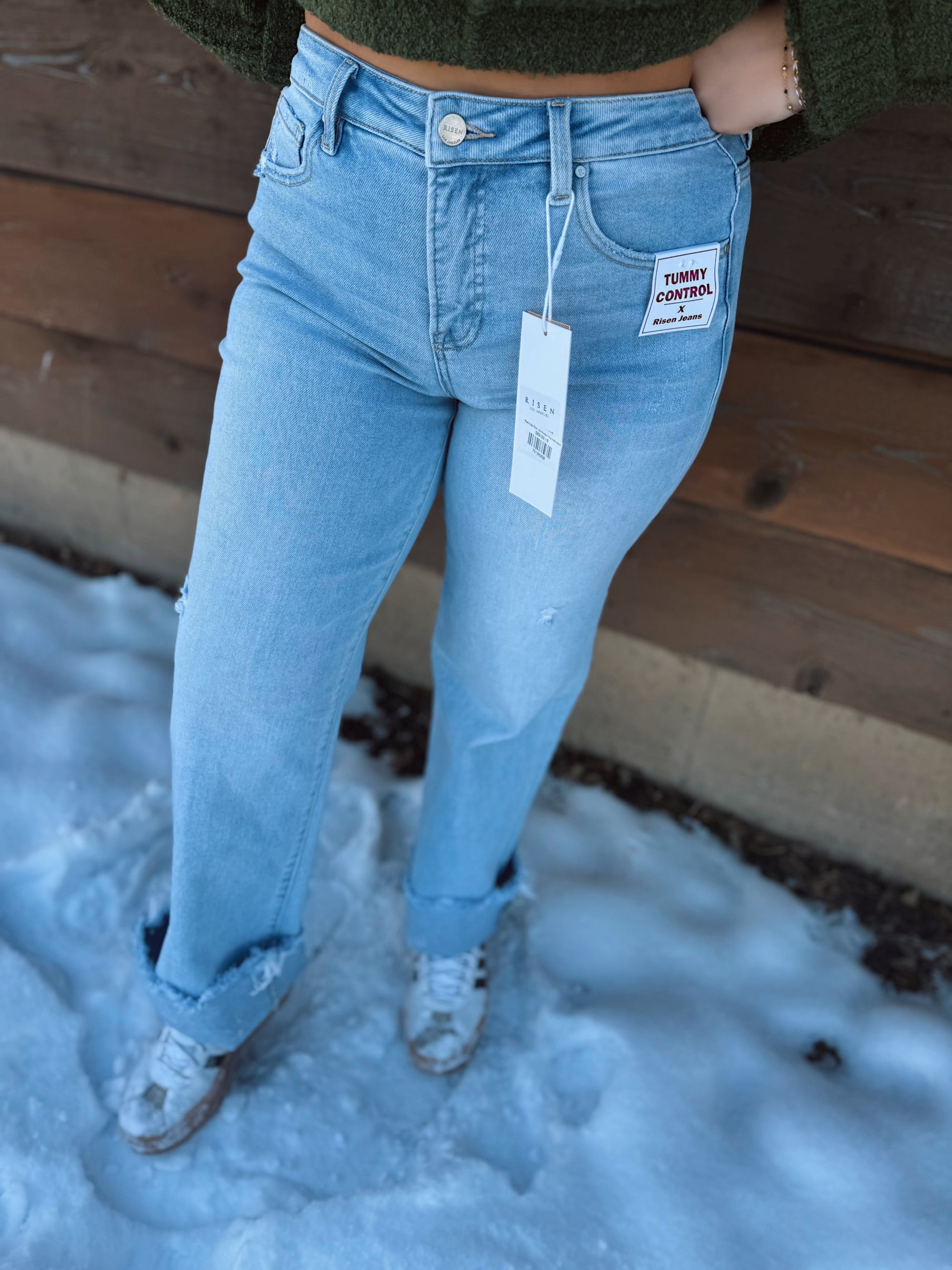 Risen High Rise Light Straight Frey Hem Jeans