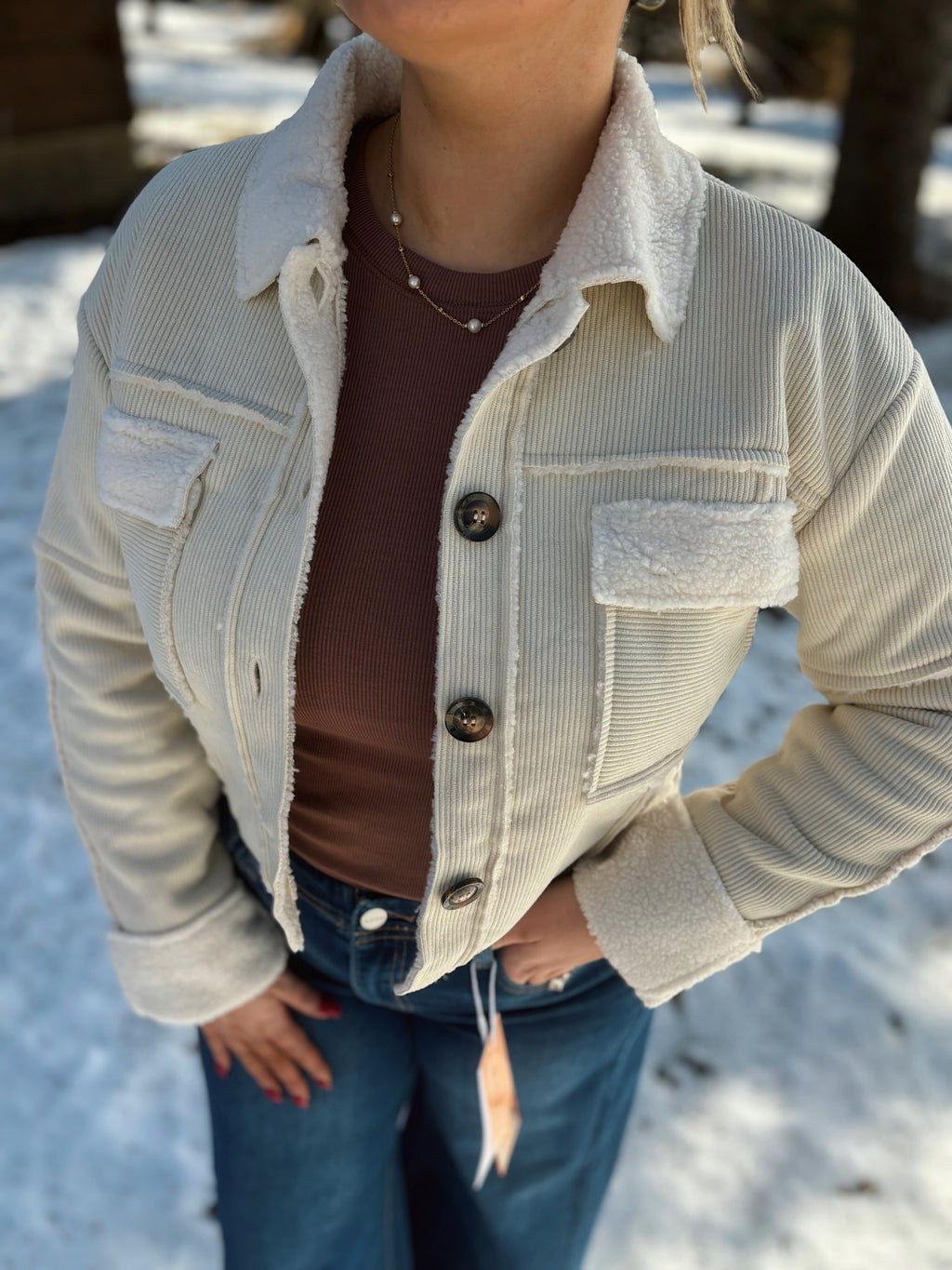 Cream Corduroy Fleece Cropped Jacket