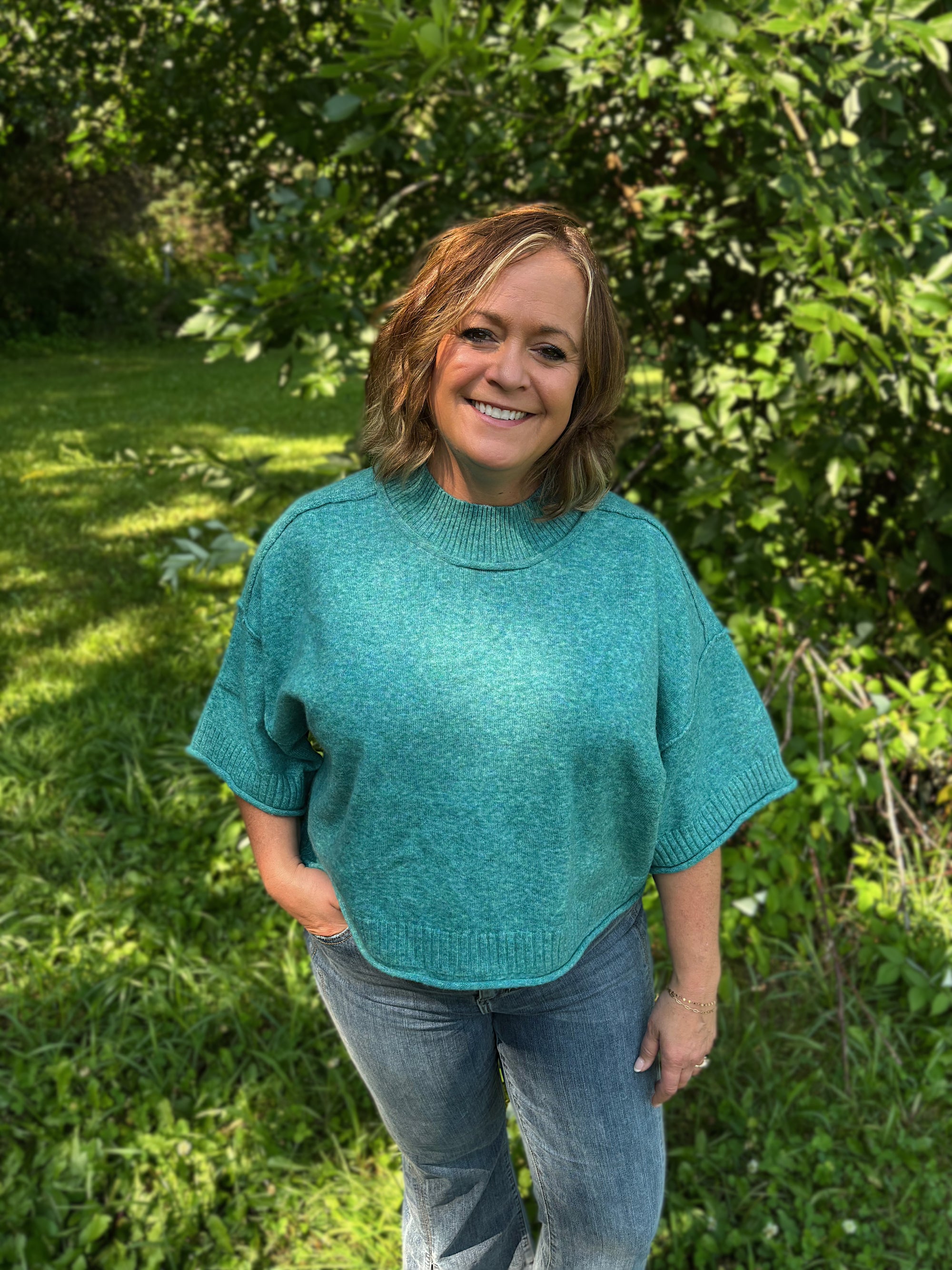 Teal Breeze Mock Neck Short Sleeve