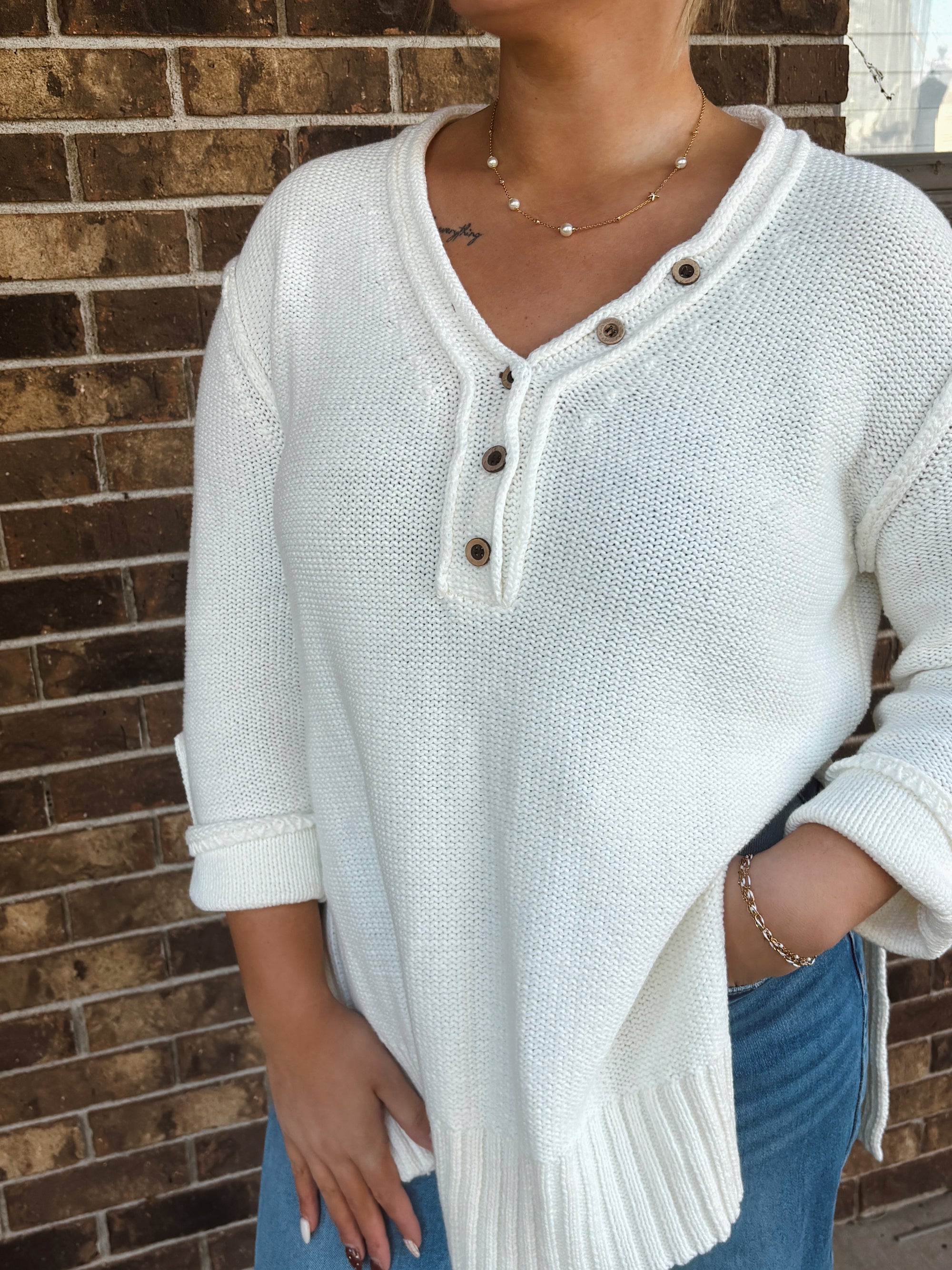 Frosted Cream Dolman Button Henley