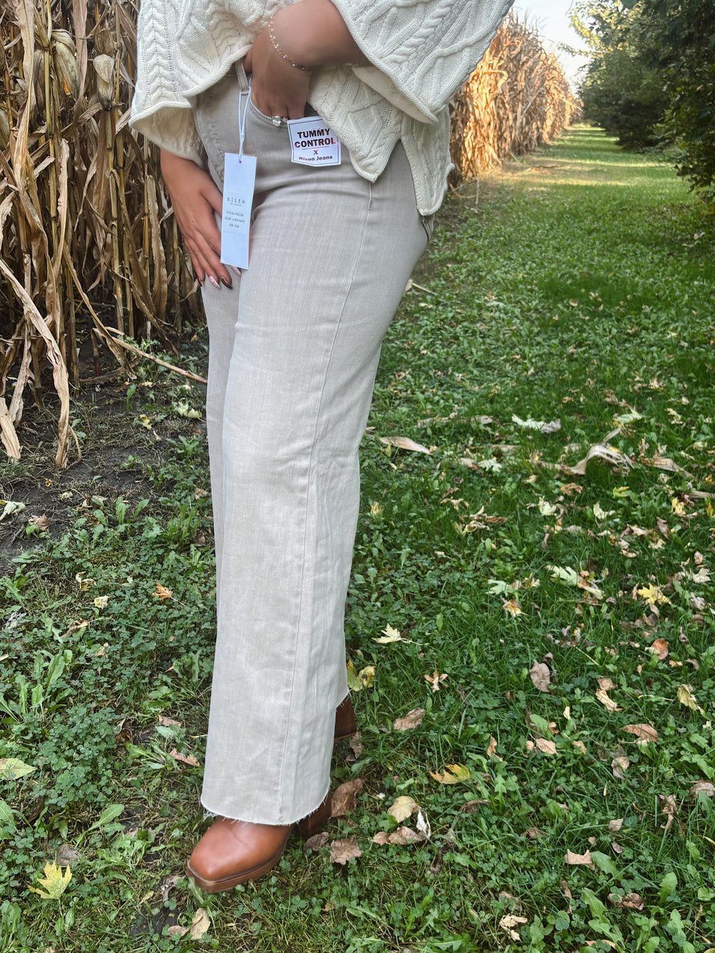 Risen High Rise Tummy Control Lurex Taupe Palazzo Pants