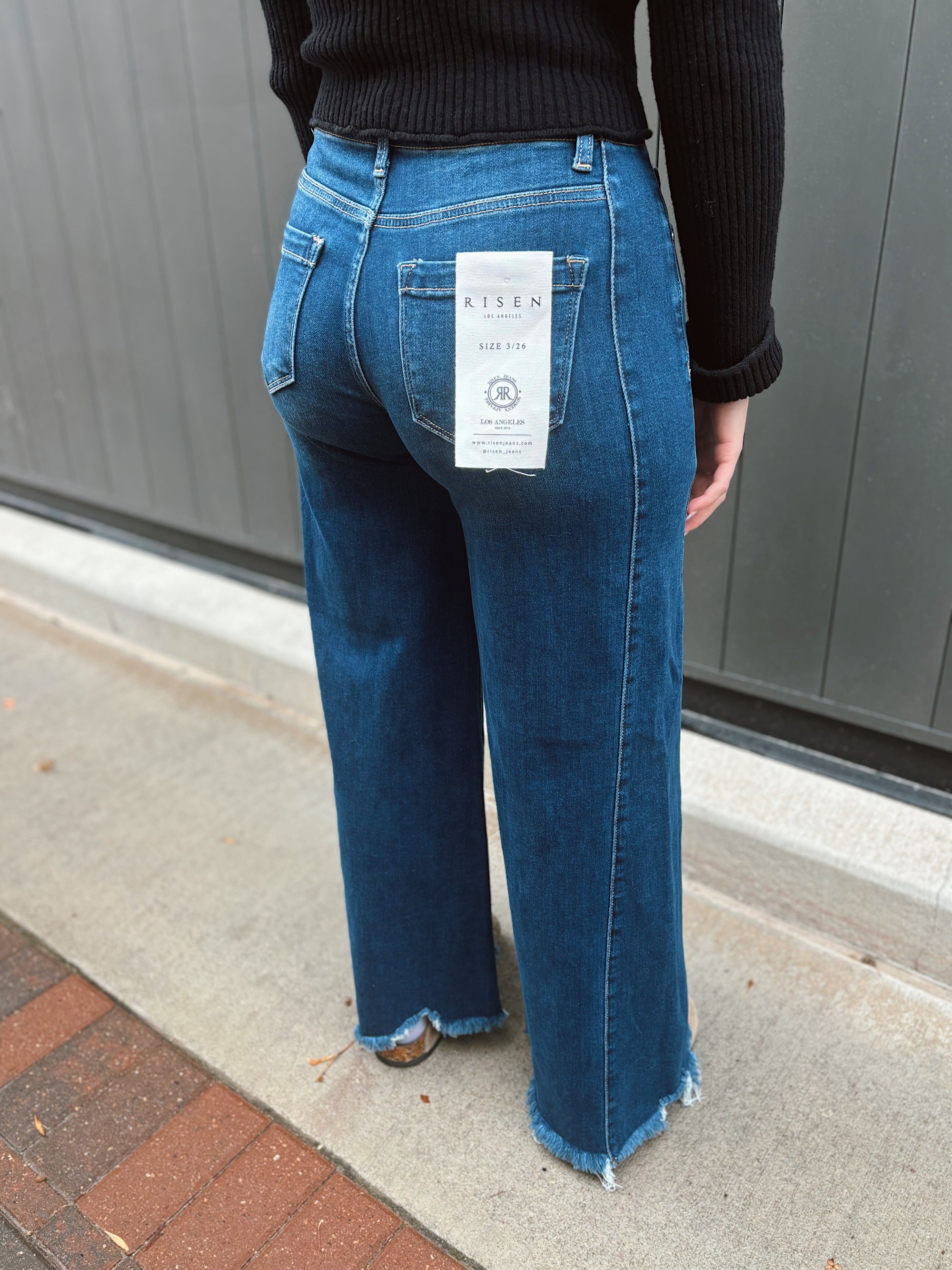 Risen High Rise Wide Fray Ankle- Dark