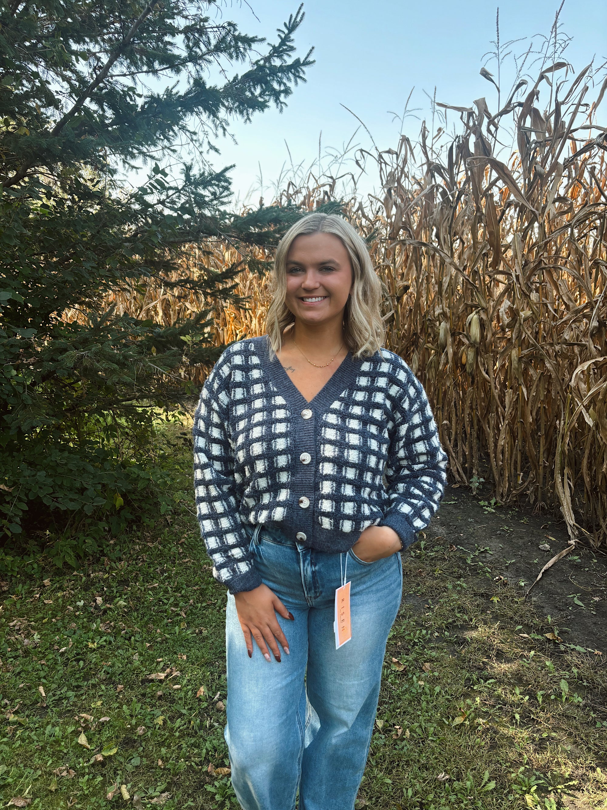 Harbor Checkered Navy Cropped Cardigan