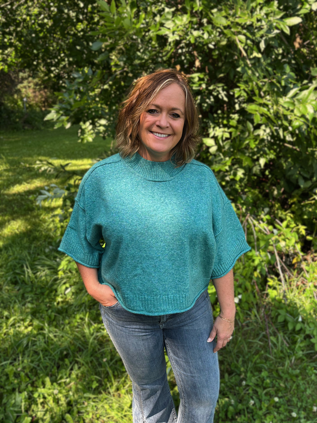 Teal Breeze Mock Neck Short Sleeve
