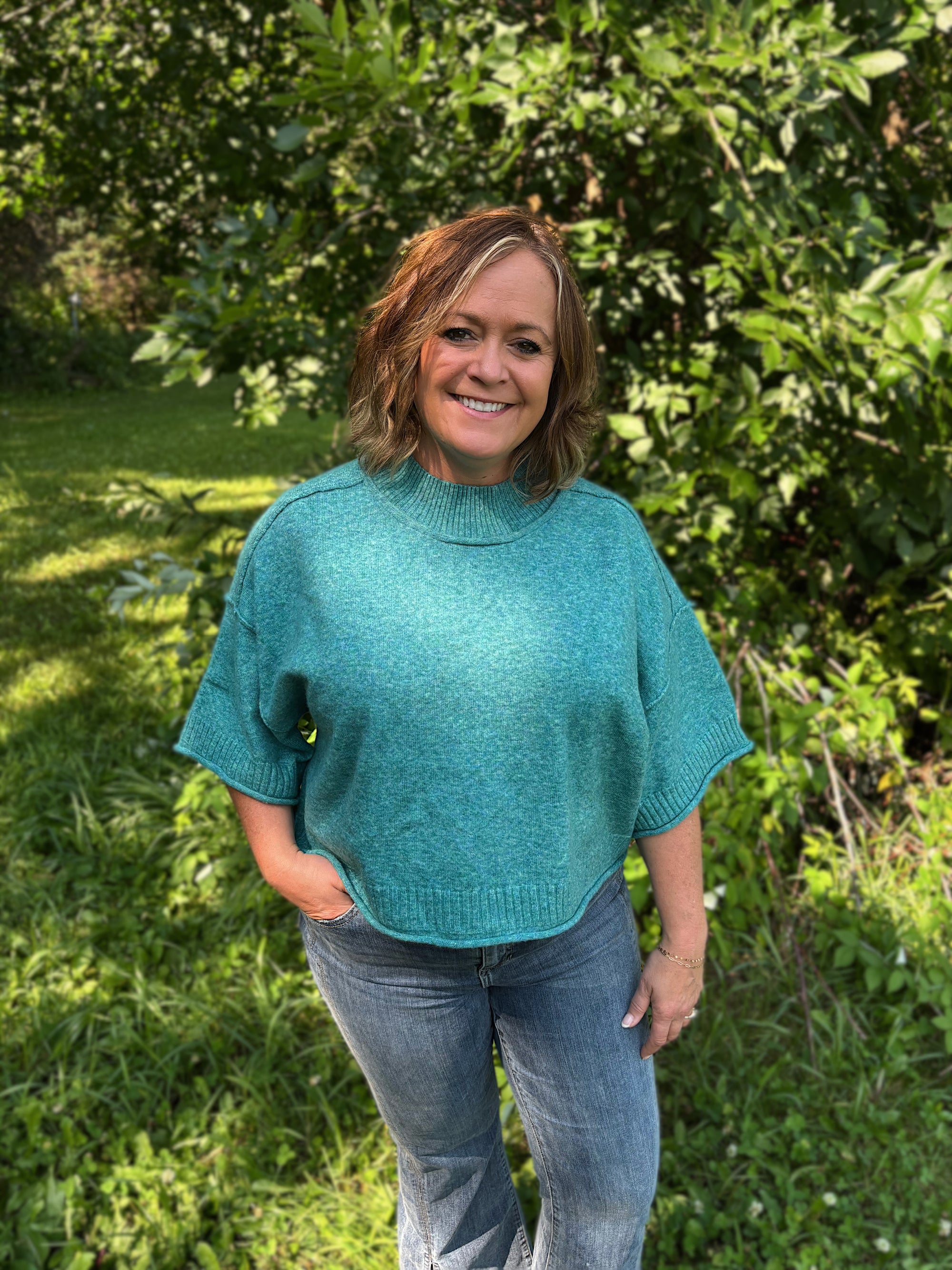 Teal Breeze Mock Neck Short Sleeve